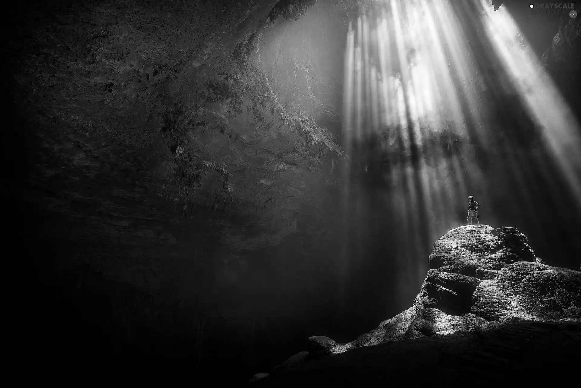 cave, rays, light, Human