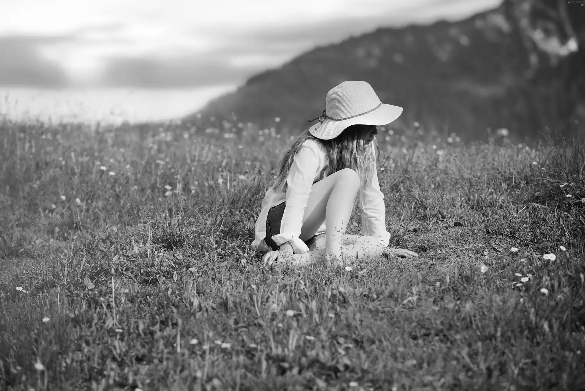 girl, Meadow, autumn, Hat