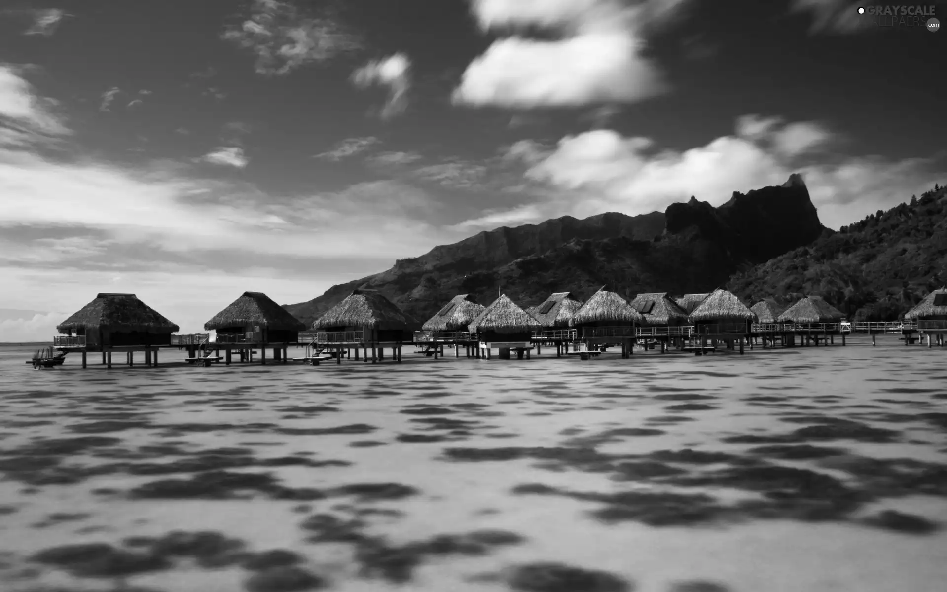 sea, an, Mountains, piles, Houses, Boats, Tropical