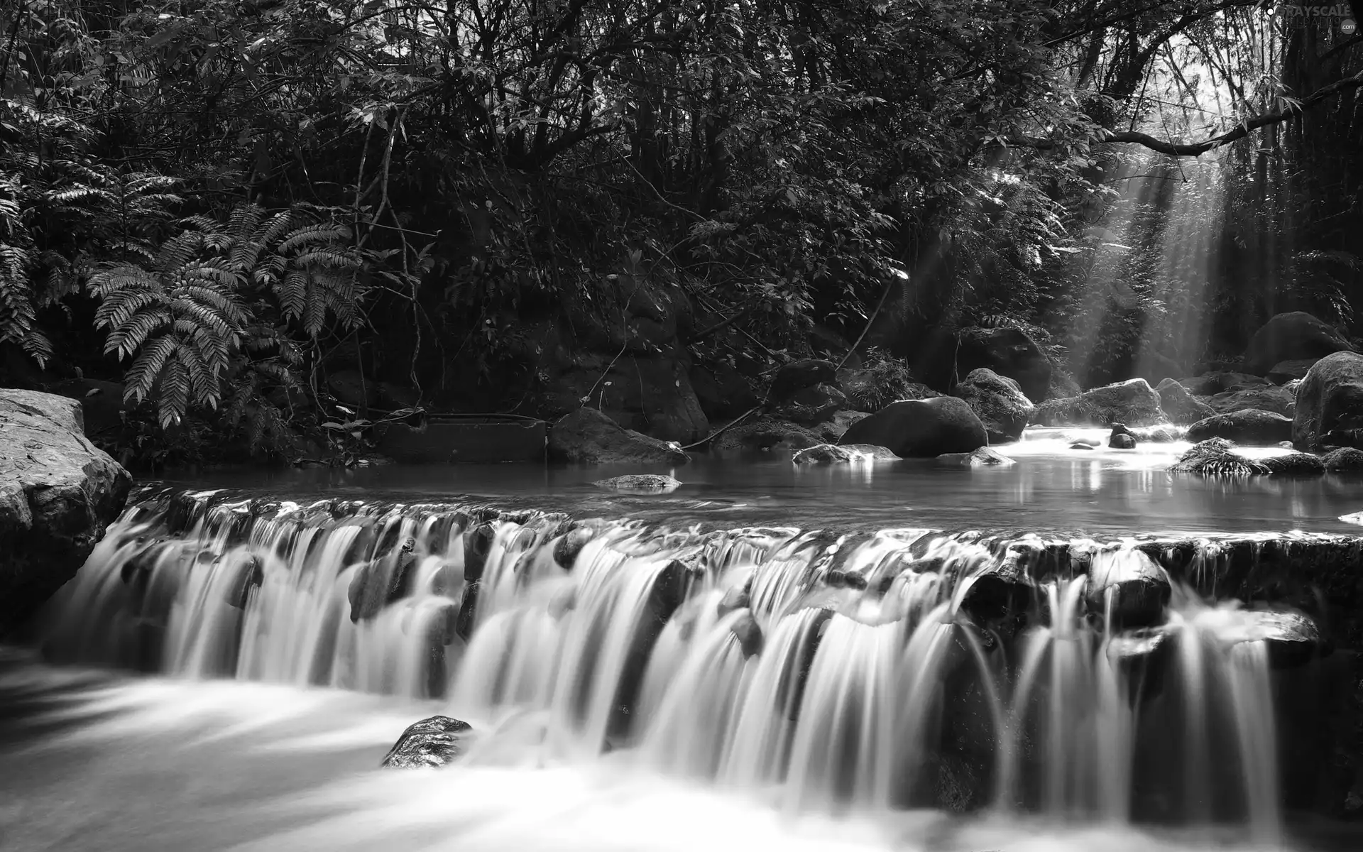 waterfall, sunny, boulders, rays