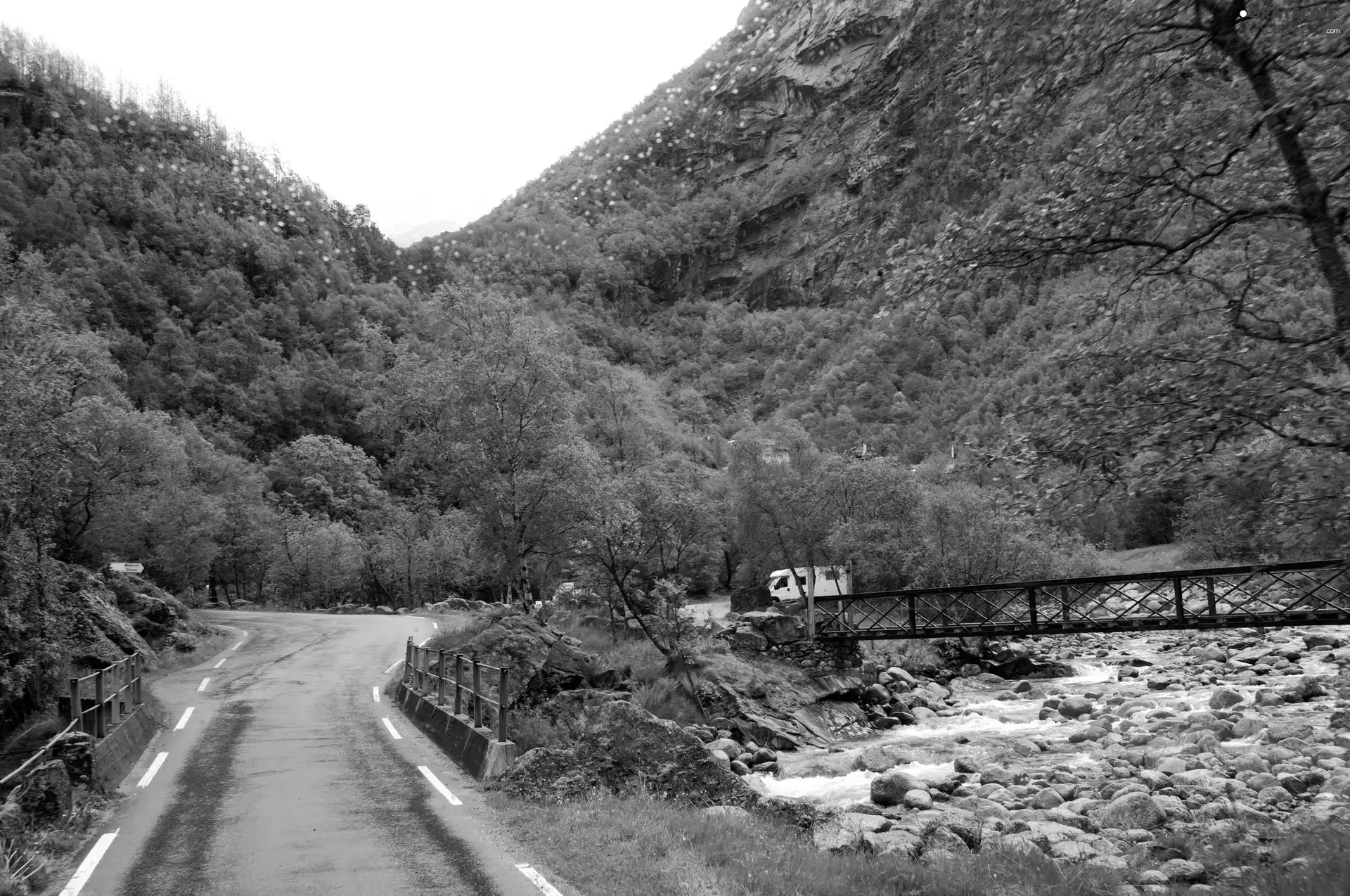 trees, Mountains, bridges, brook, viewes, Way