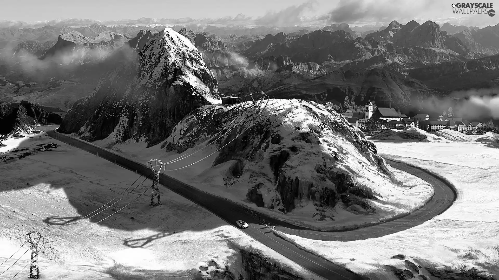 buildings, winter, Way, clouds, Mountains