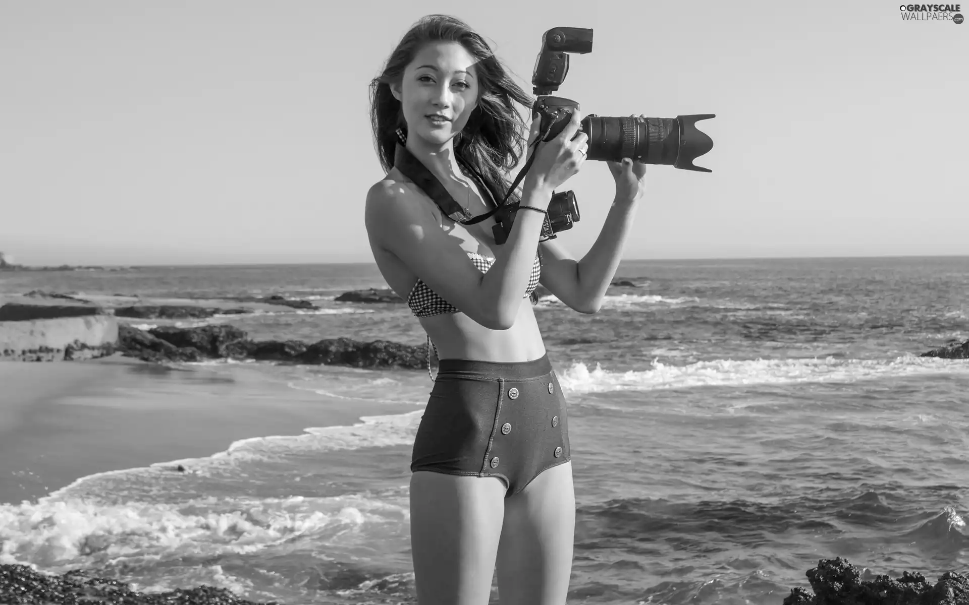 Camera, sea, Women