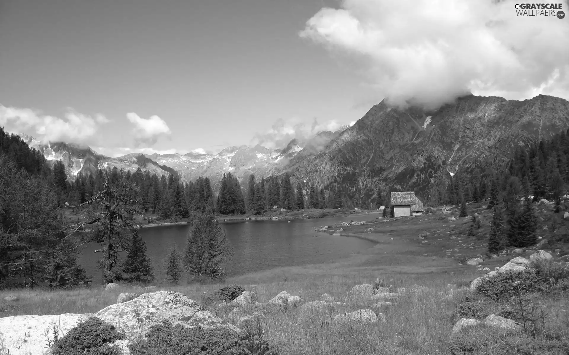 clouds, Home, Mountains, woods, River