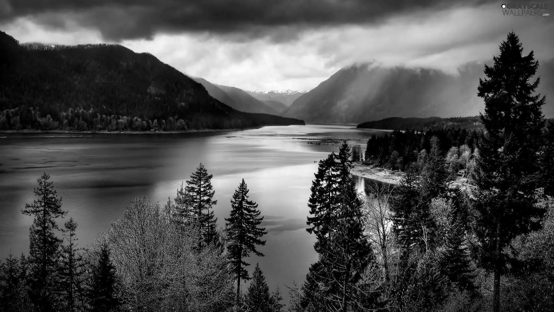 clouds, Mountains, lake