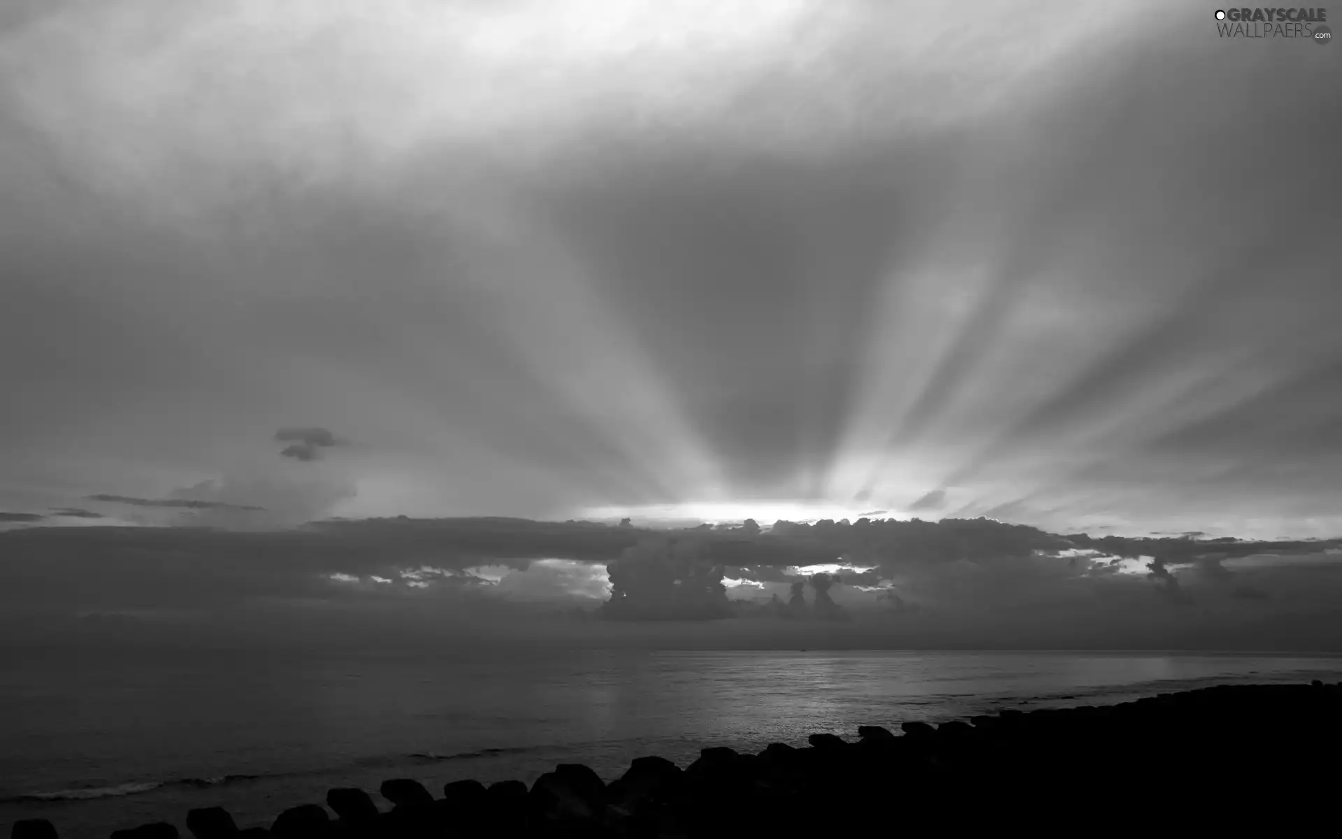 clouds, lake, sun, rays, west