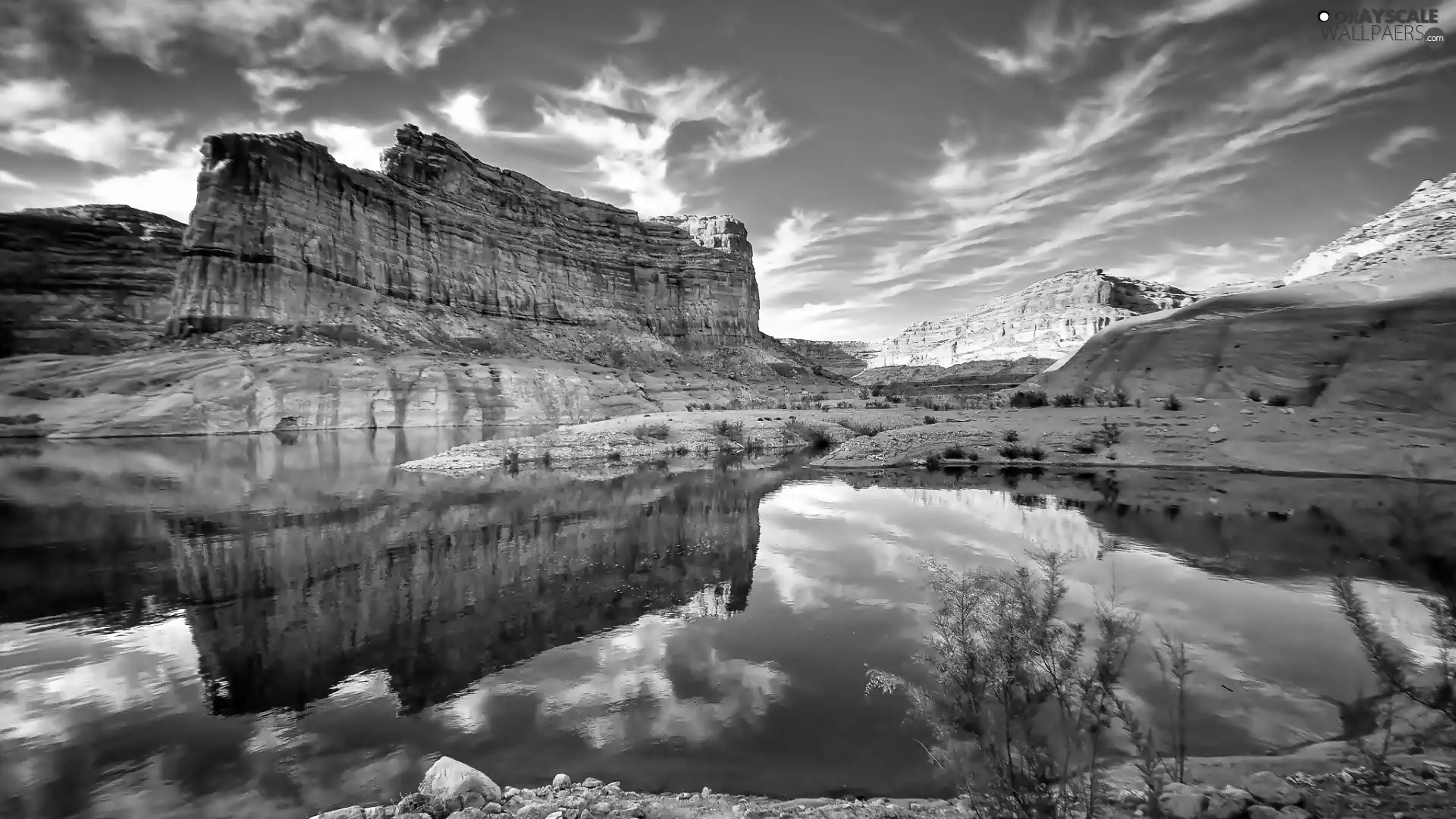 sun, lake, Plants, luminosity, Przebijające, rocks, clouds, reflection, flash, ligh