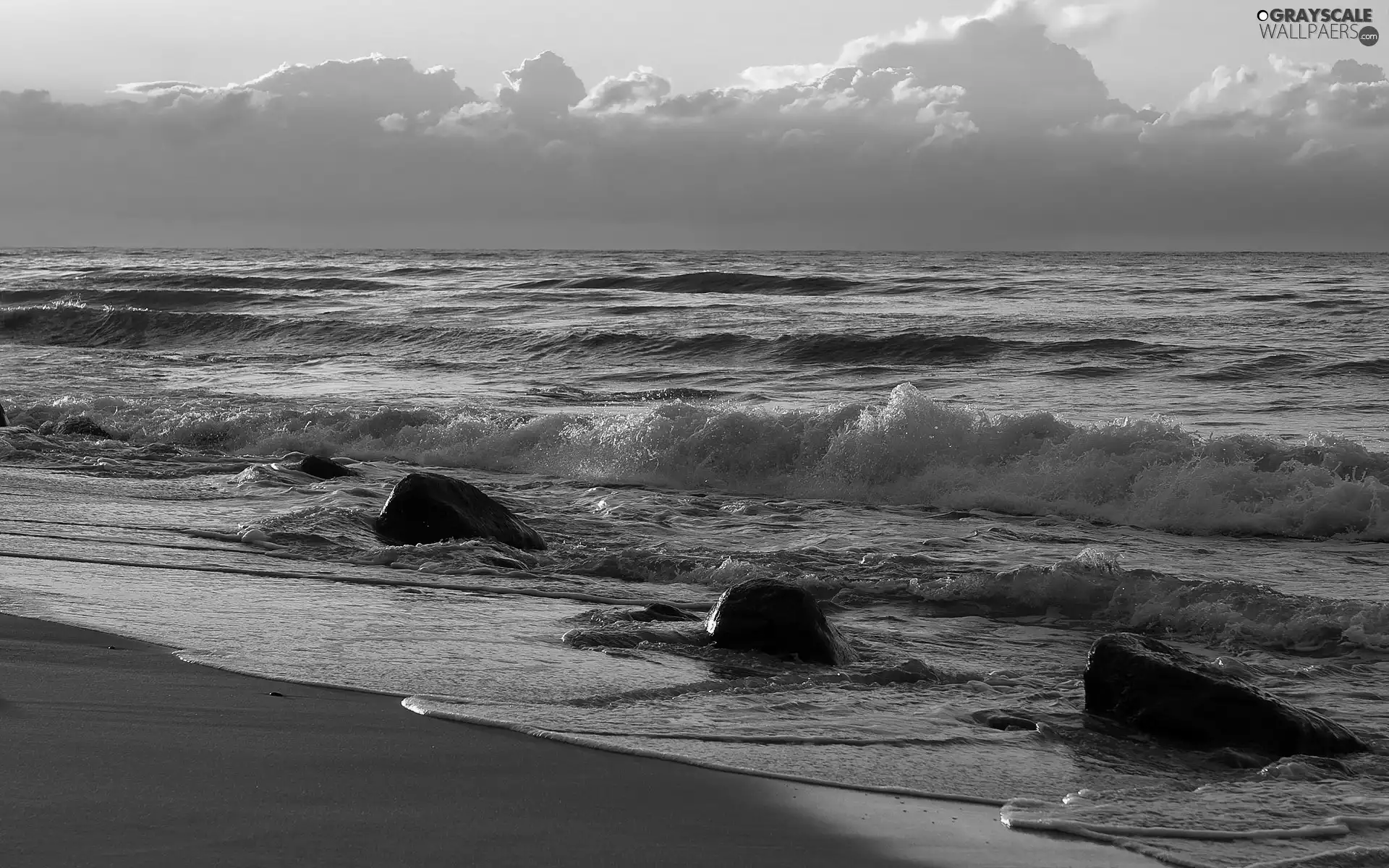 water, Sand, clouds, Stones