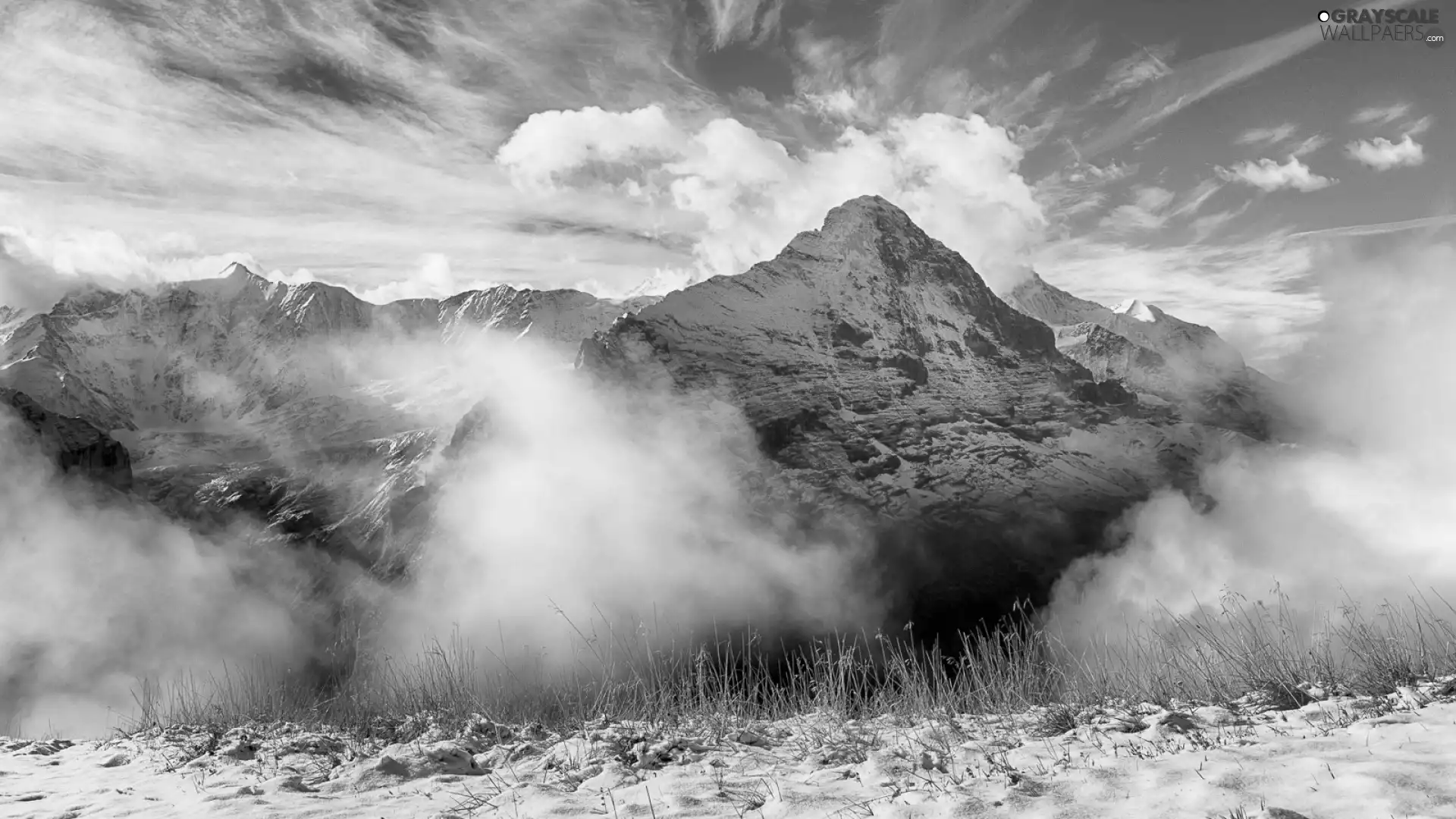 winter, Mountains, clouds, peaks