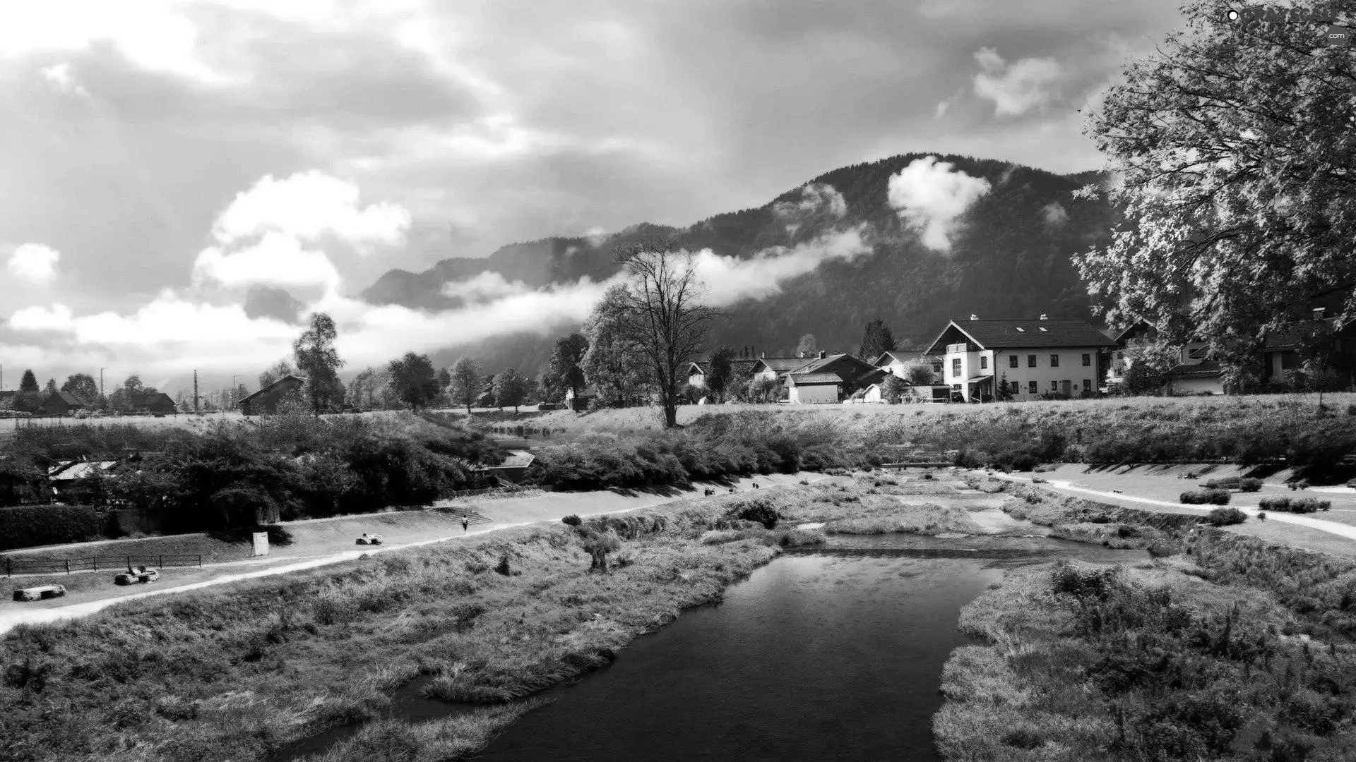 clouds, woods, brook, buildings, Mountains