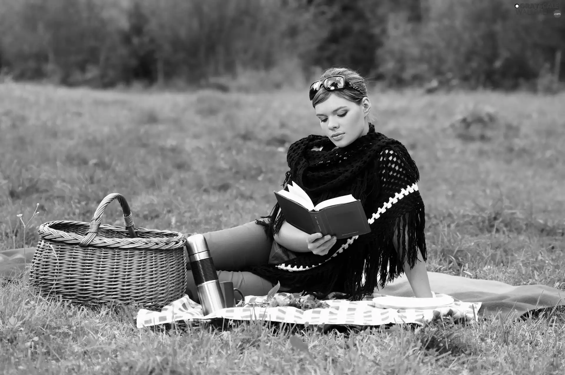 basket, coverlet, Women, Book, girl
