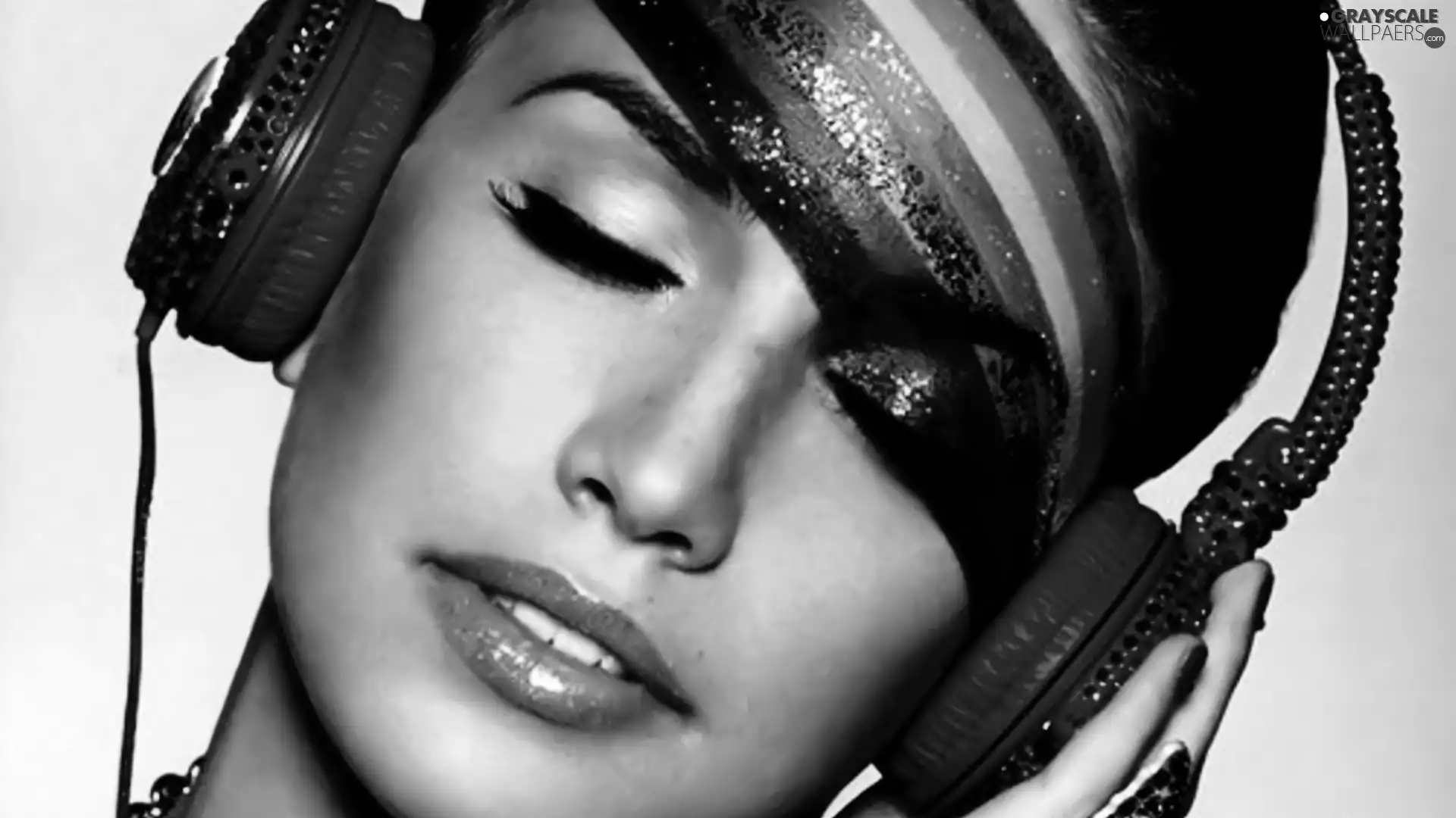 Women, rainbow, face, HEADPHONES