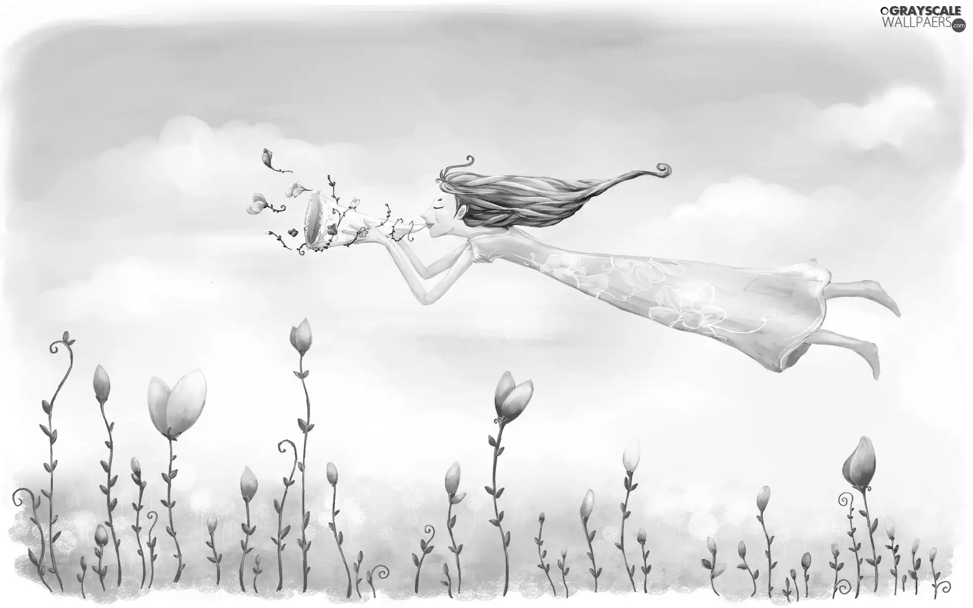 Flying, Flowers, fantasy, girl