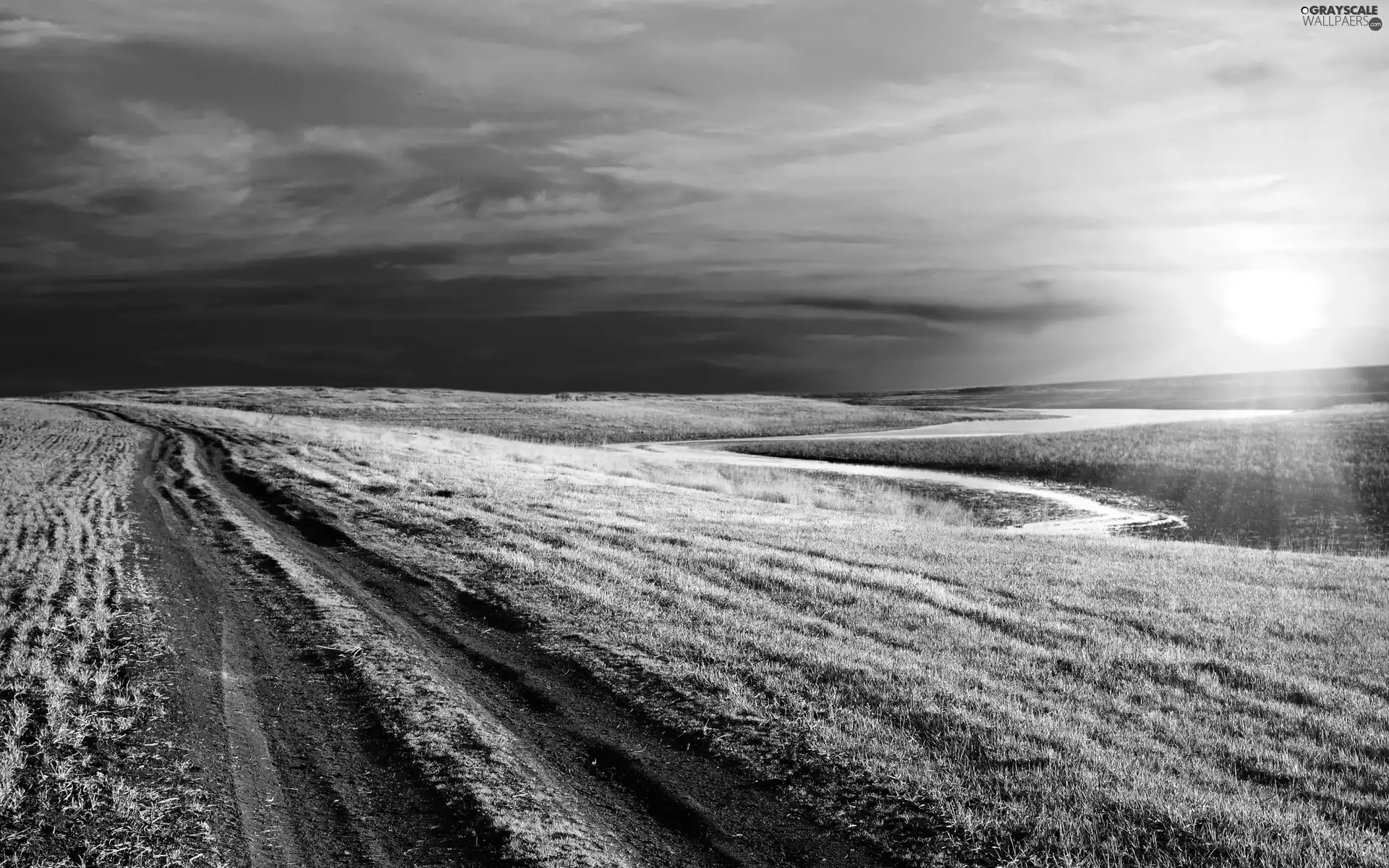 field, Way, sun, River, west