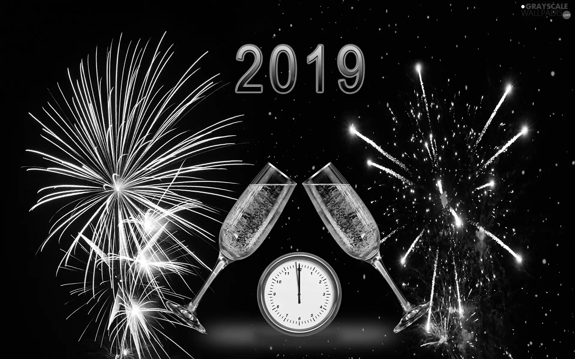 fireworks, Clock, Champagne, north, glasses, 2019, New Year, Toast