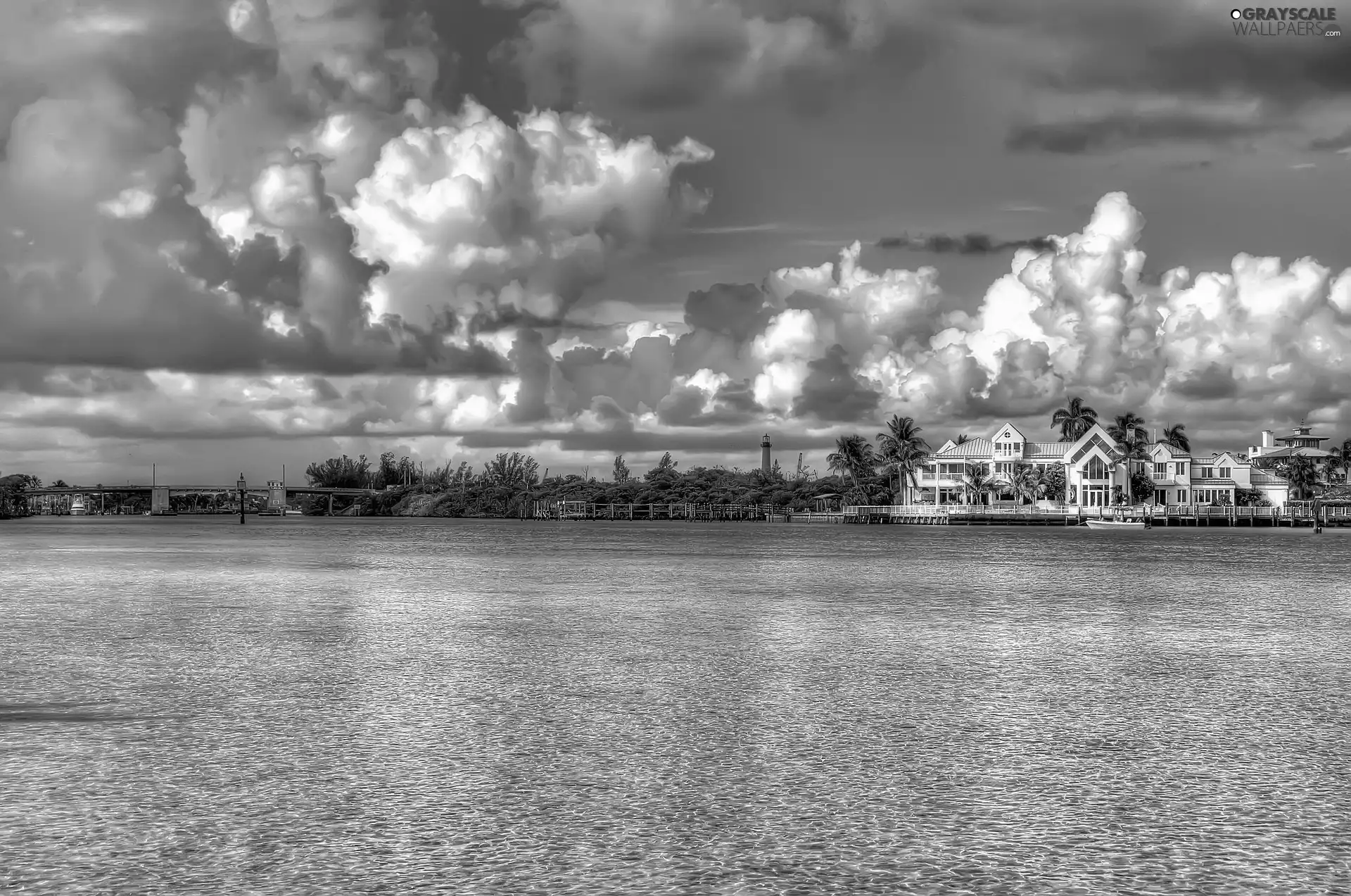 River, house, Floryda, clouds