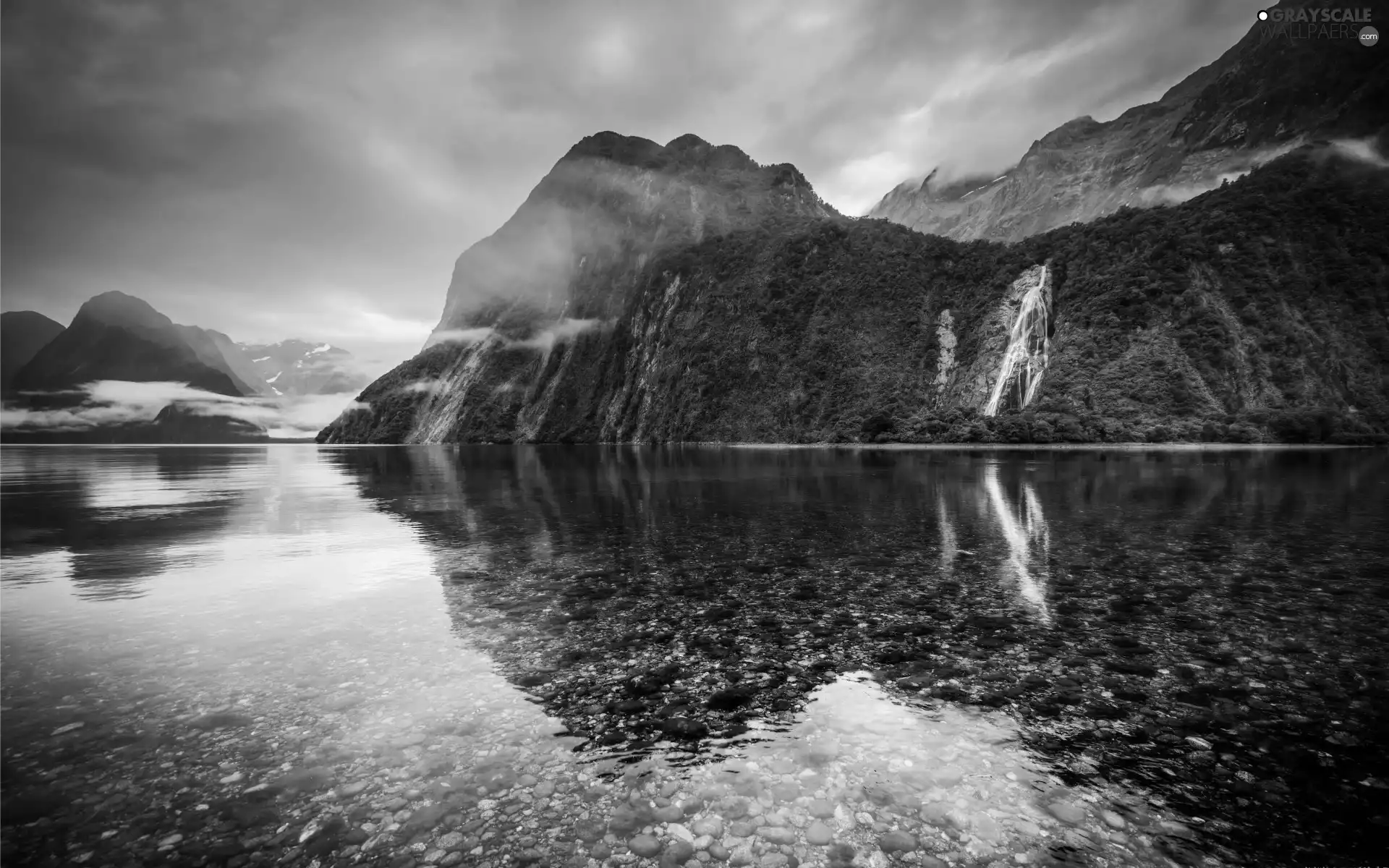 Mountains, lake, Fog, waterfall