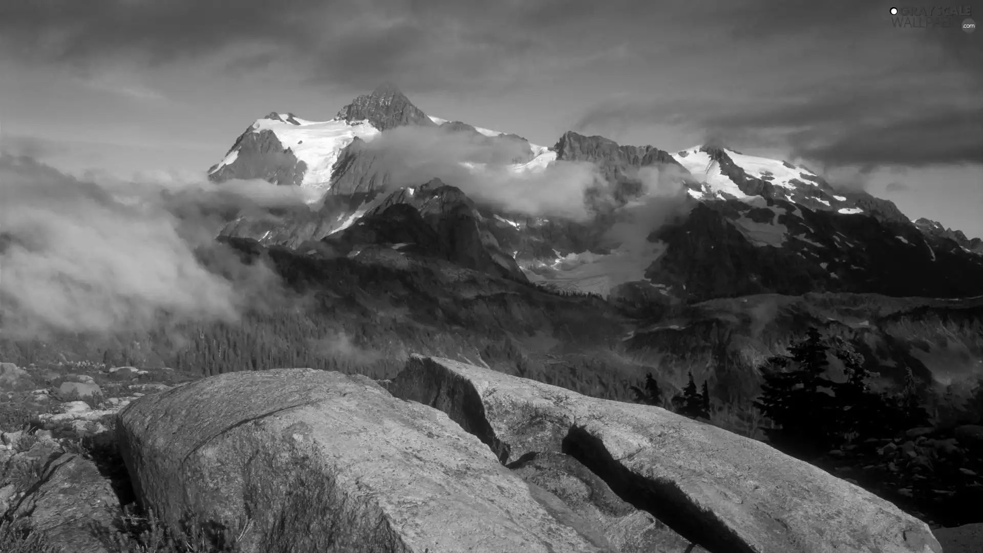 Fog, Rocks, height, snow, Mountains