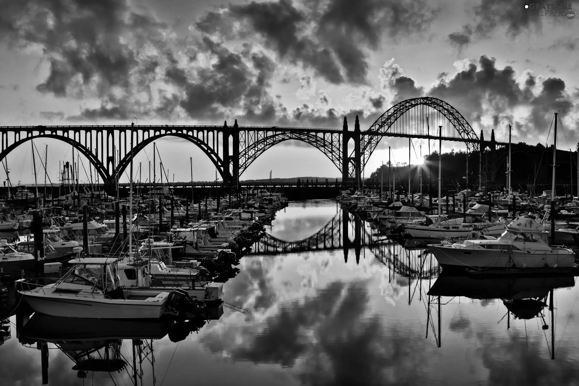 sun, clouds, Sailboats, bridge, Harbour, west