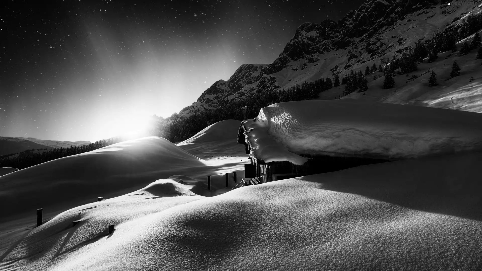 winter, forest, house, Mountains