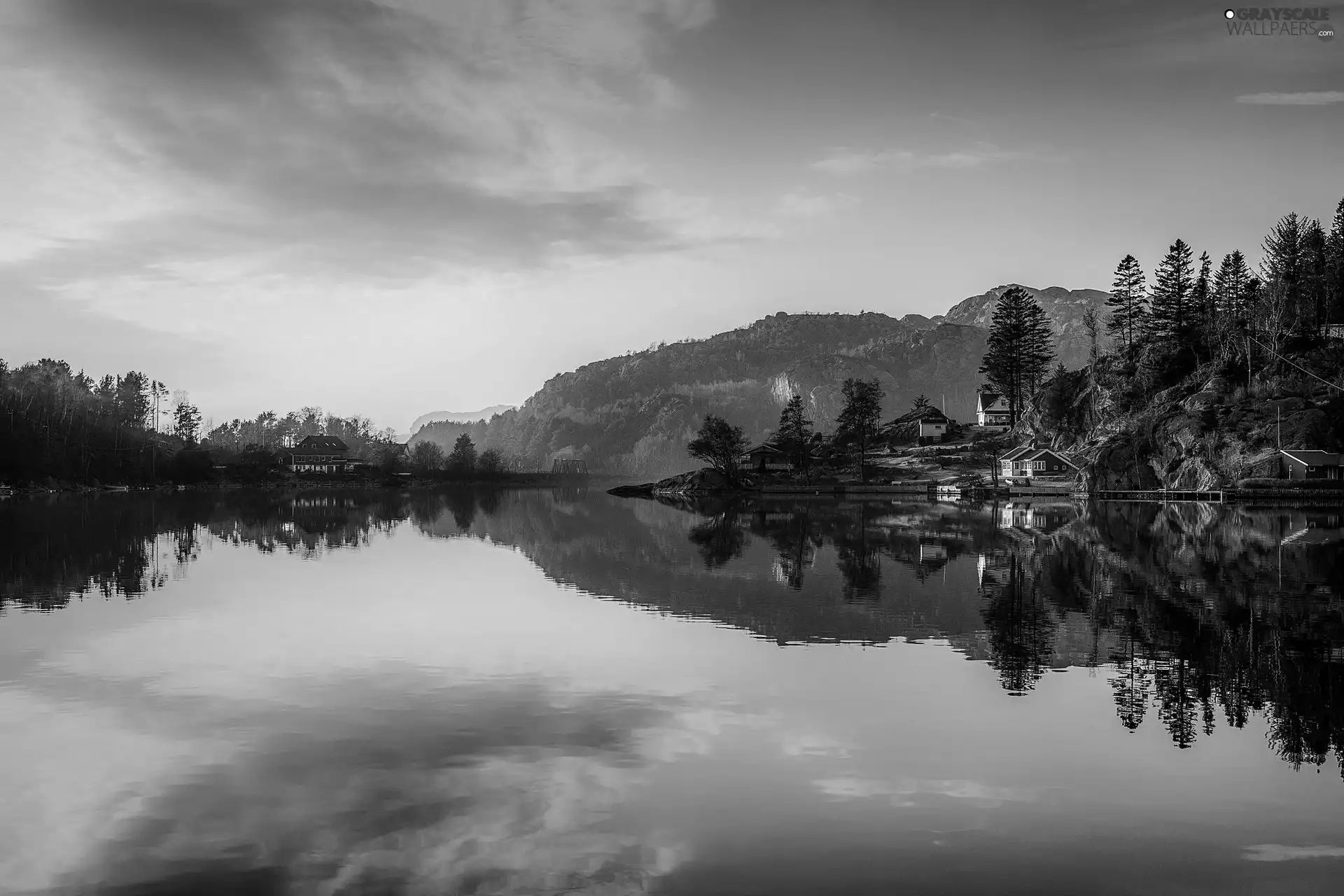 Houses, reflection, sun, lake, west