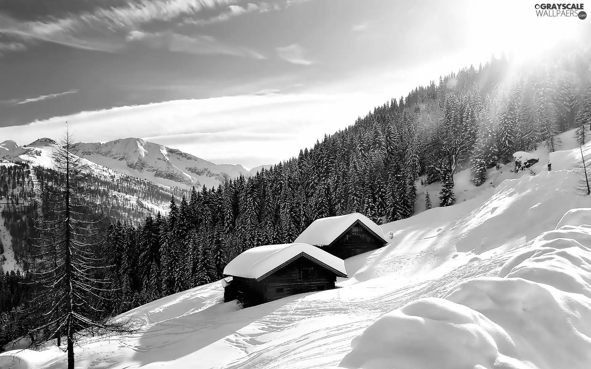 Mountains, snow, rays, Alps, winter, Houses, sun