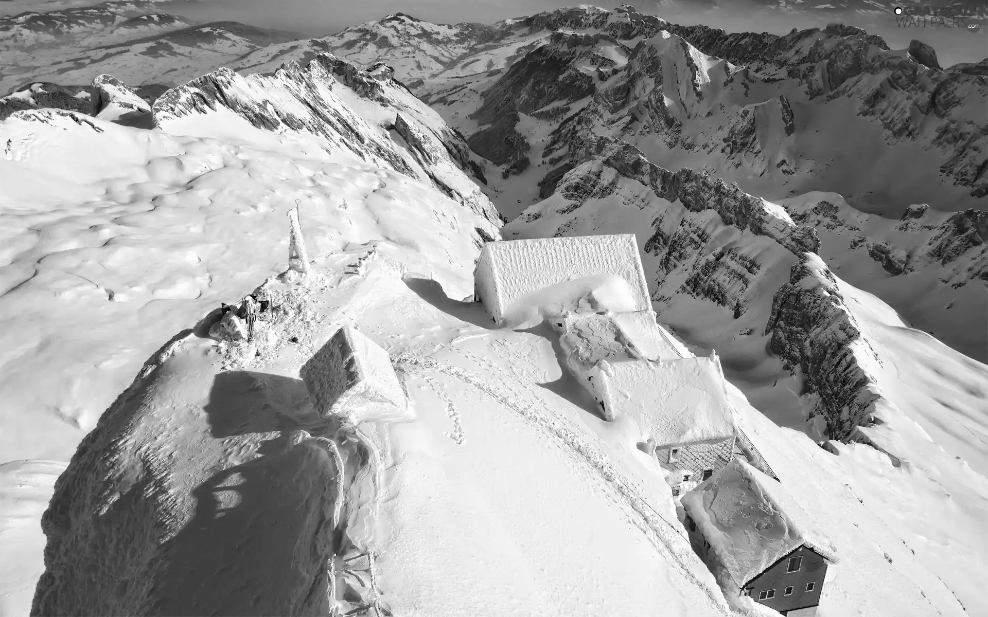 Houses, winter, Snowy, peaks, Mountains