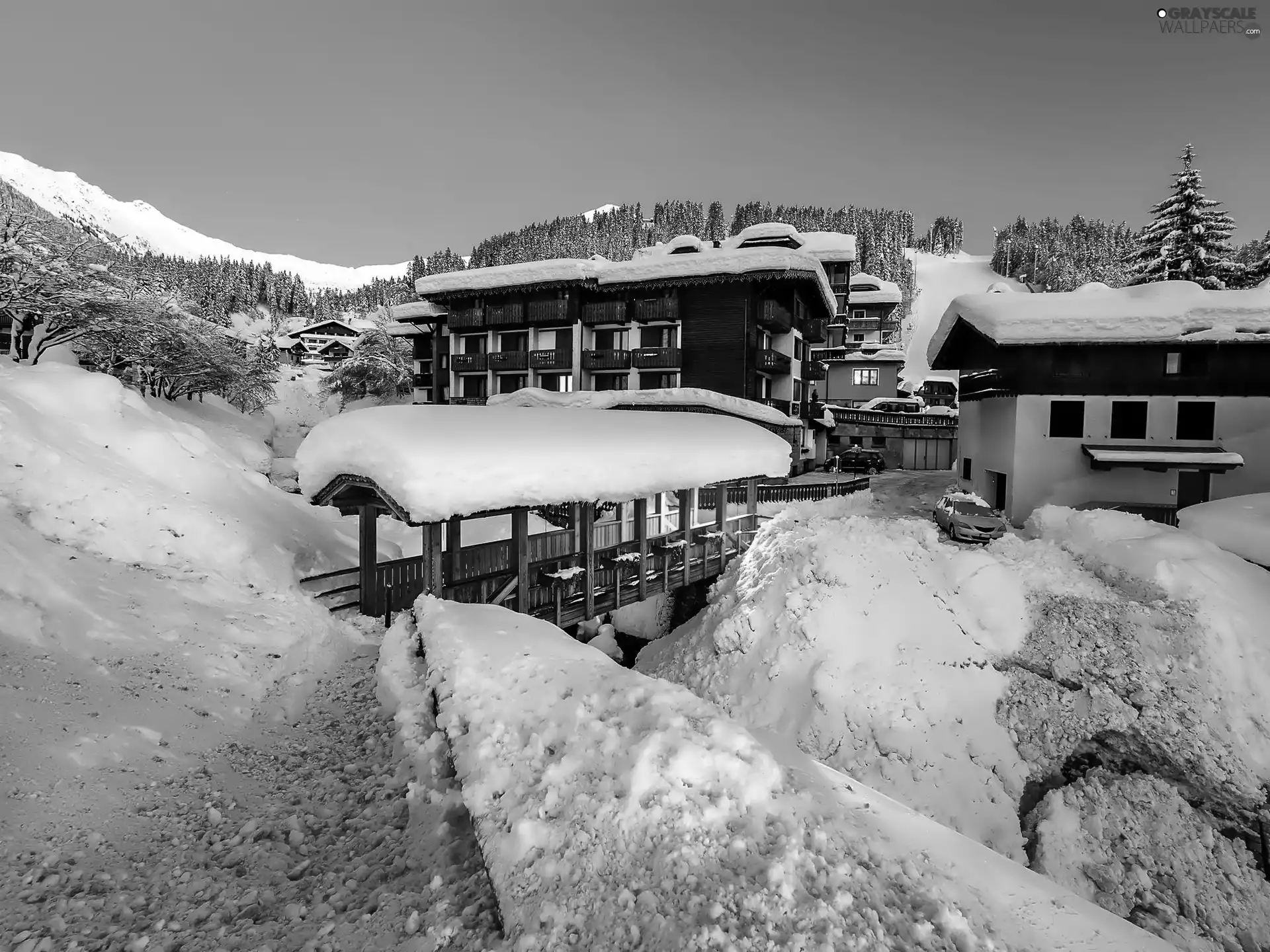 winter, Snowy, Houses, Mountains