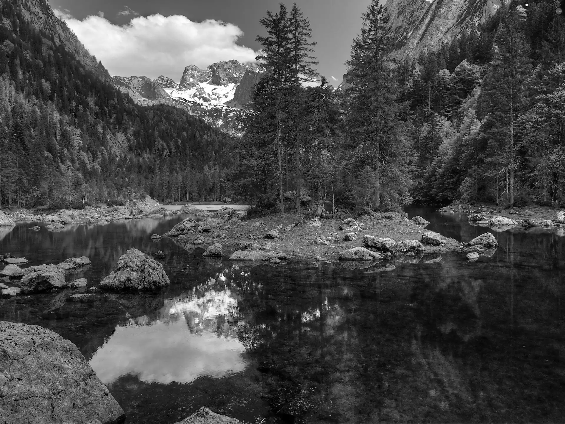 trees, Mountains, Islet, Stones, viewes, lake