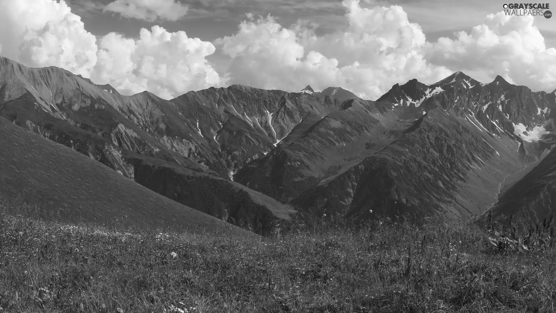 Meadow, grass, Mountains, snow, clouds