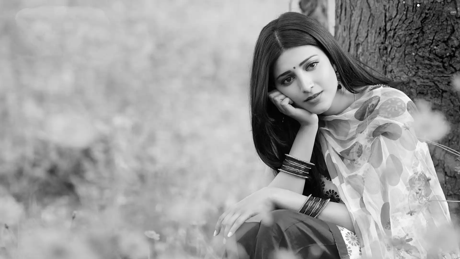 trees, Tilaka, Flowers, jewellery, girl, Meadow, Spring