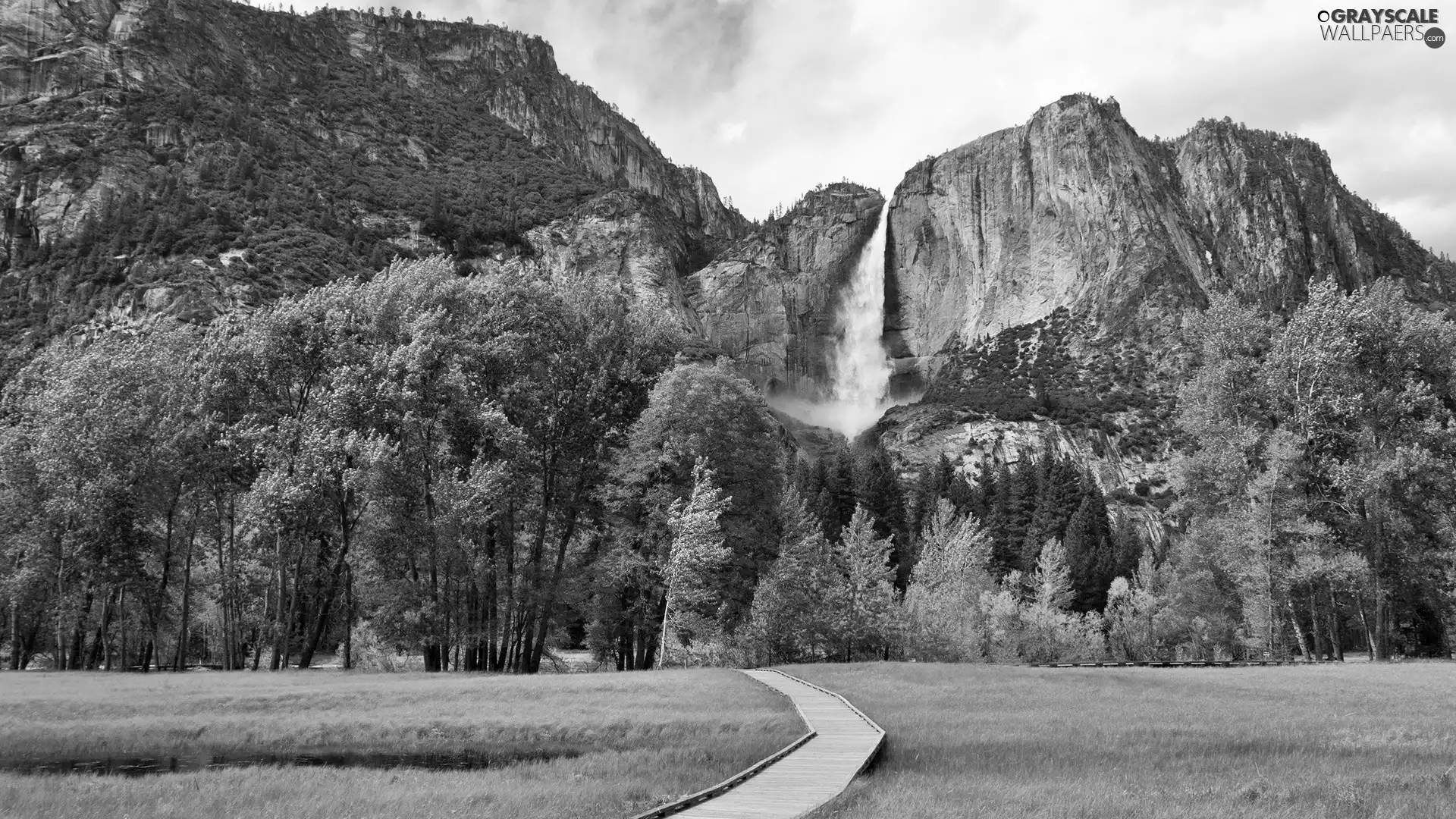 Meadow, Mountains, waterfall