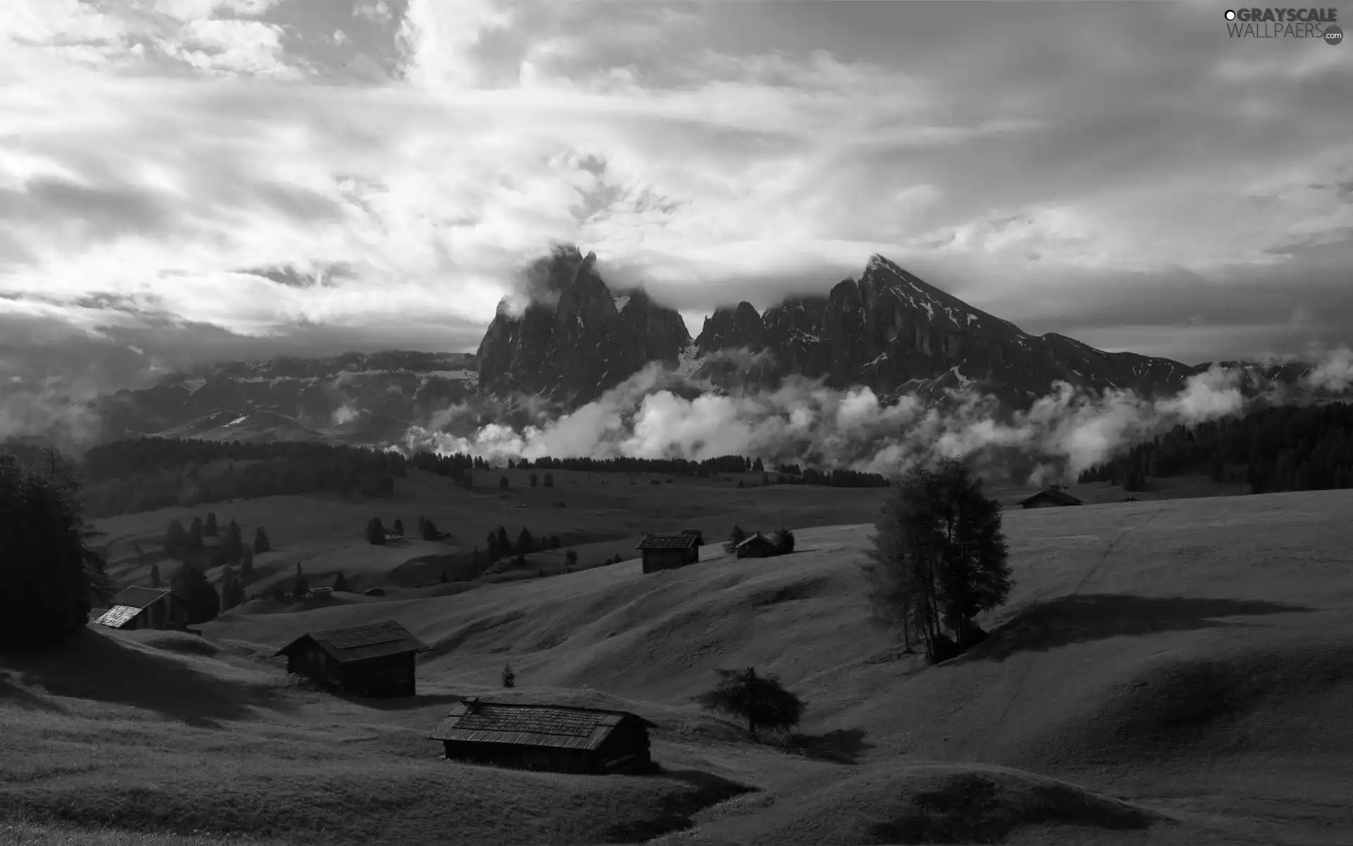 medows, Houses, clouds, green ones, Mountains