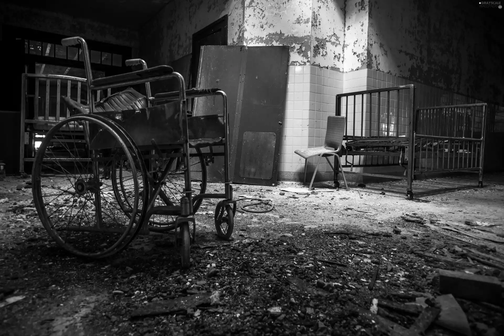 Neglected, wheel-chair, mess, interior