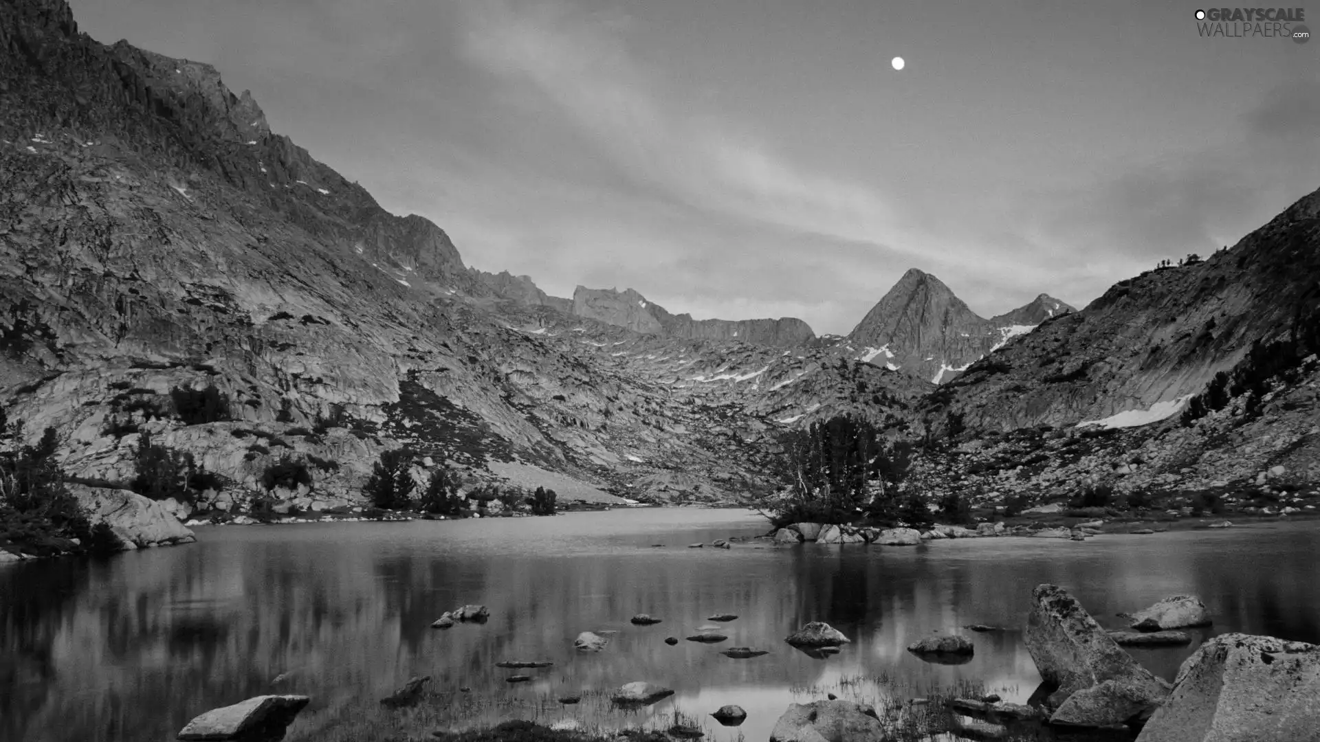 lake, Sky, moon, Mountains