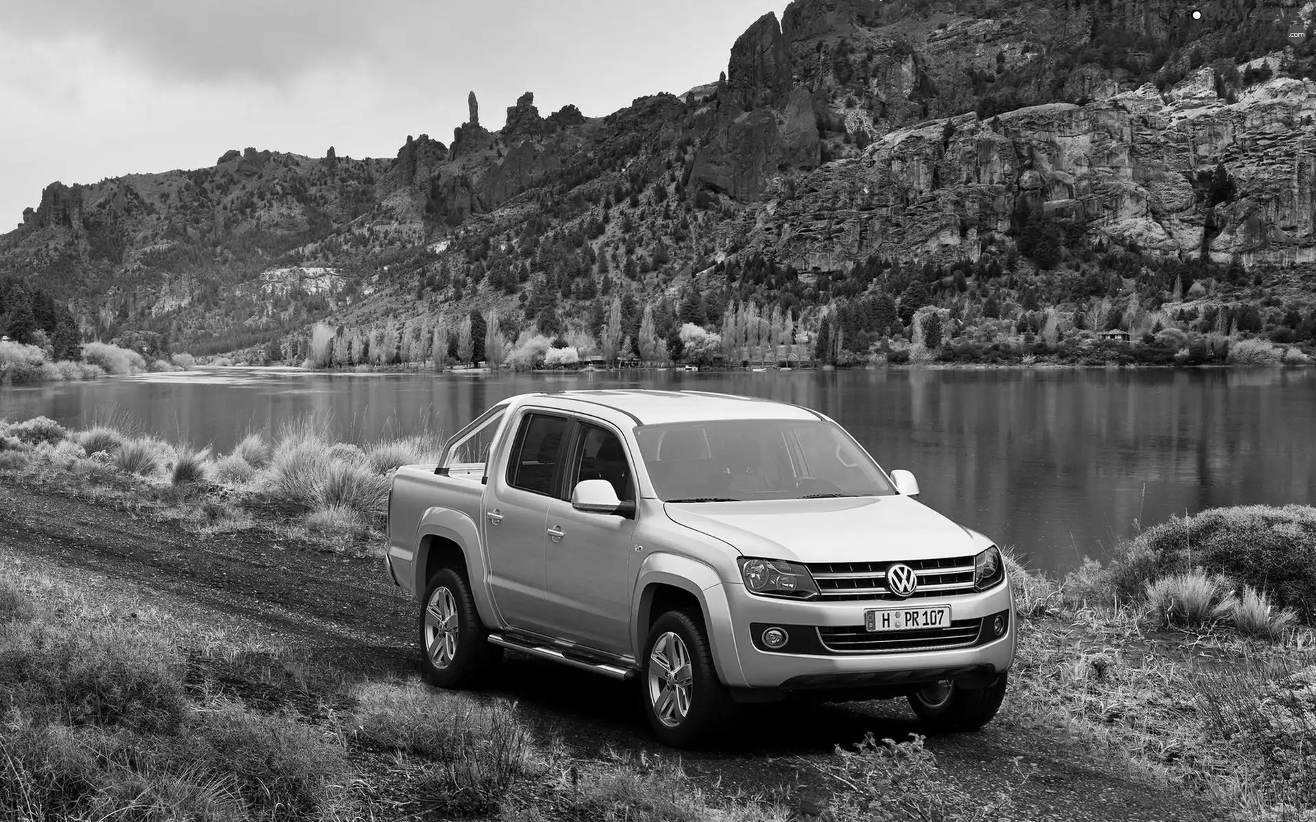 volkswagen amarok, lake, Mountains