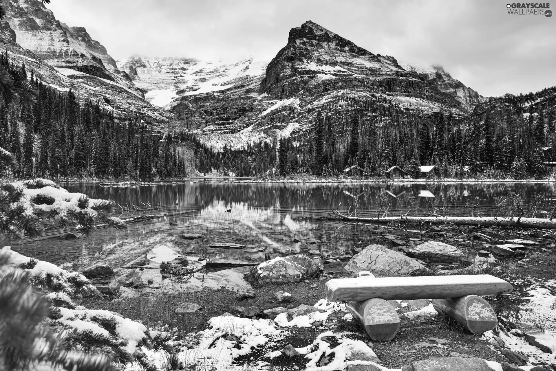 Mountains, lake, View, an, Bench