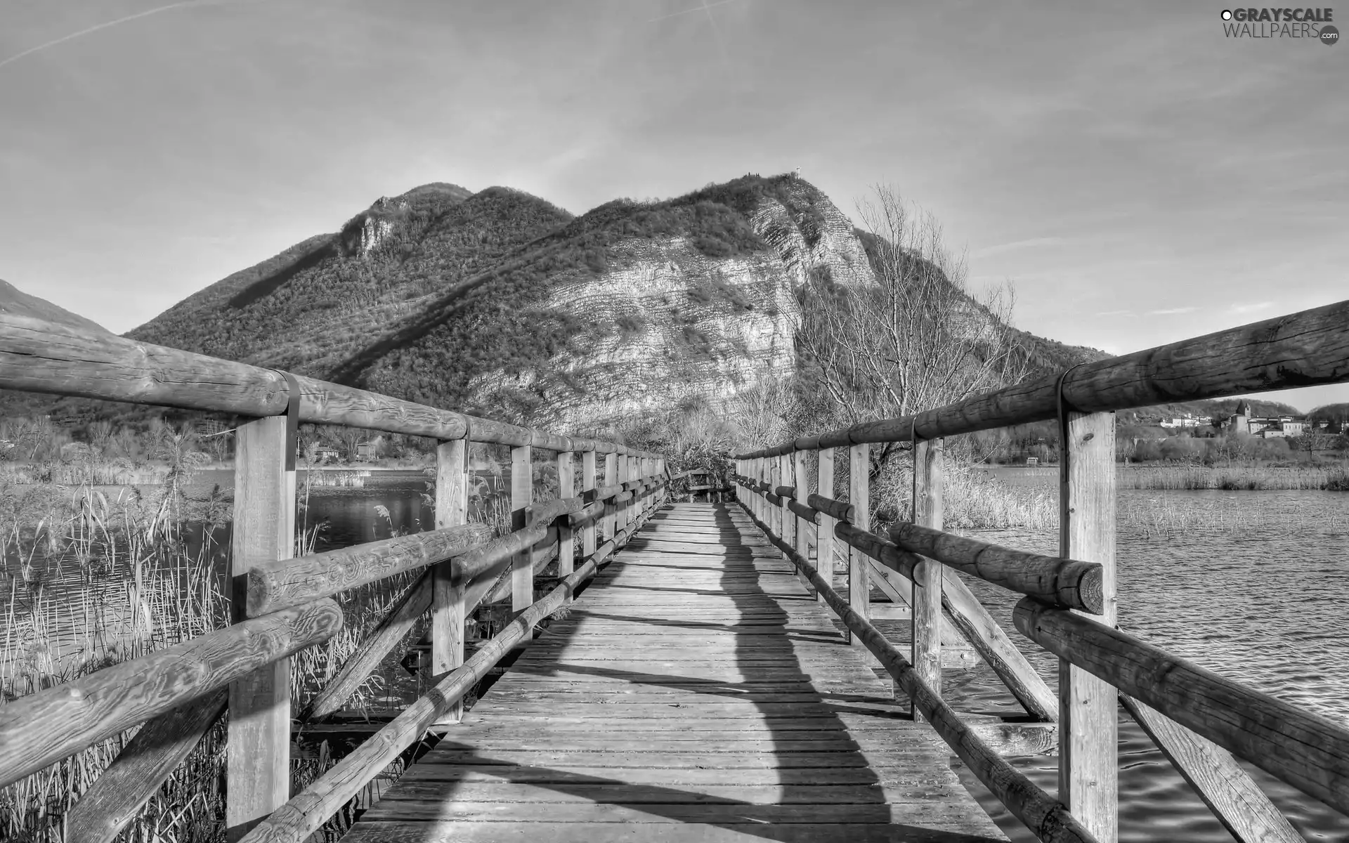 wooden, River, Mountains, bridge