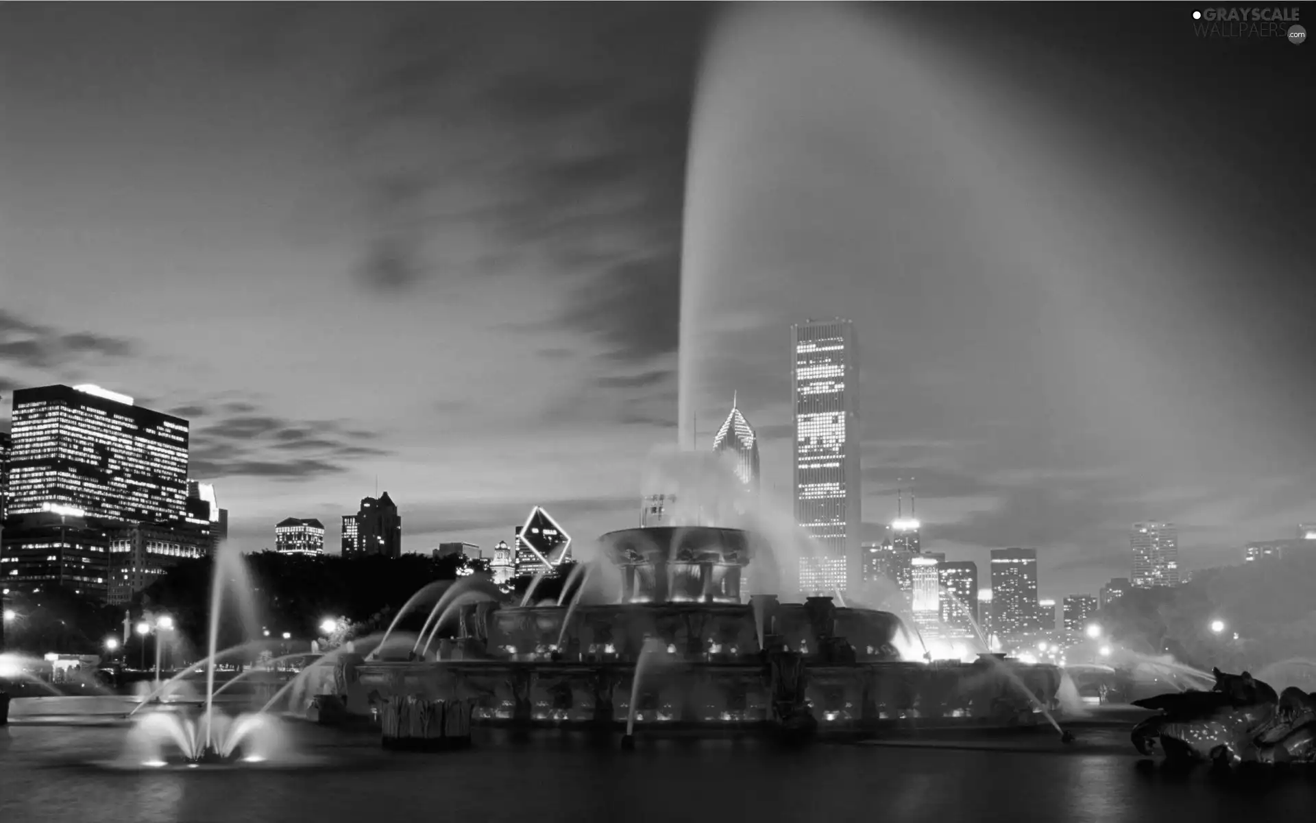 Fountains, town, night, panorama