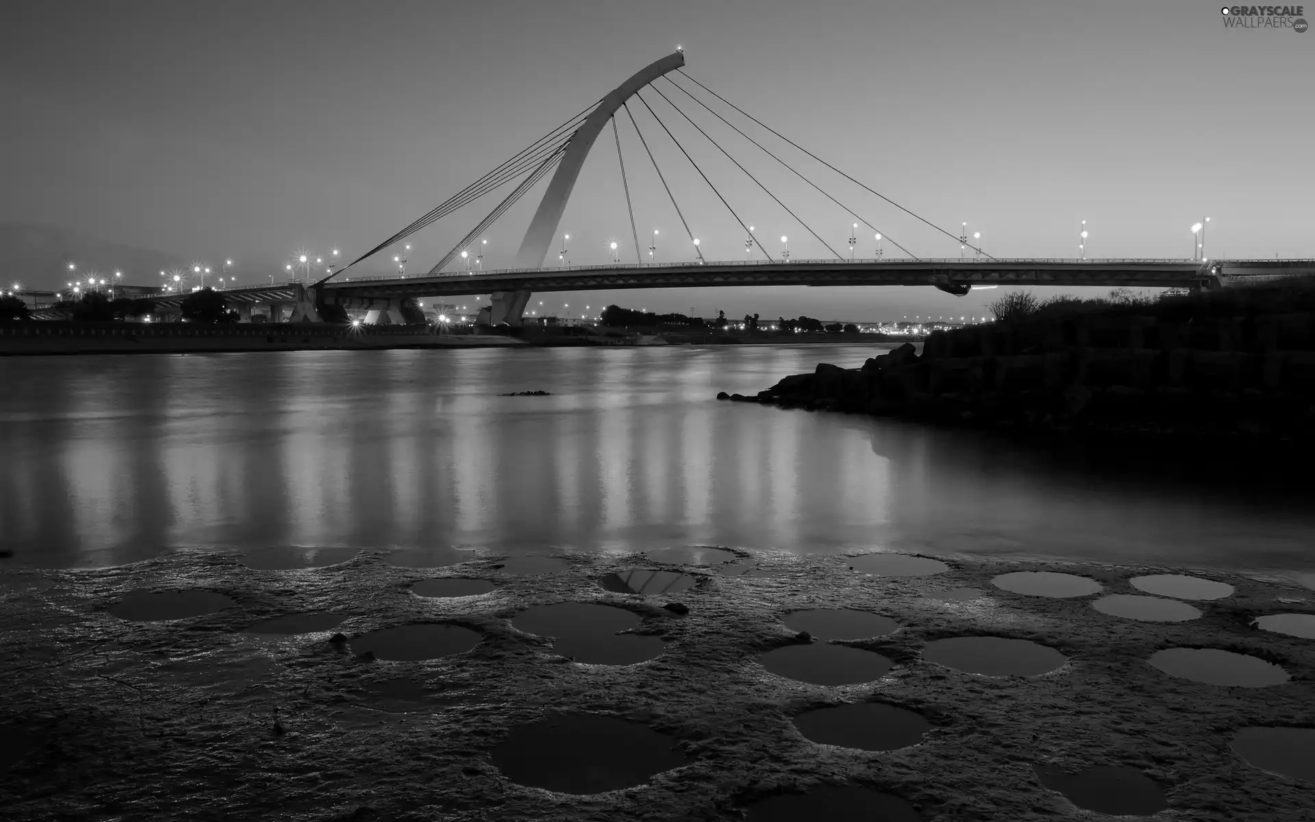 Night, bridge, River