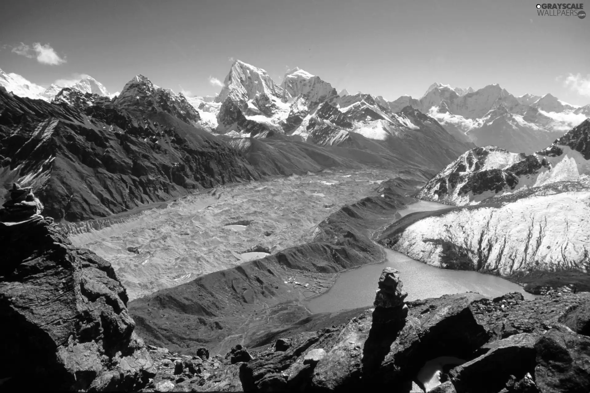 Mountains, Snowy, peaks, lake