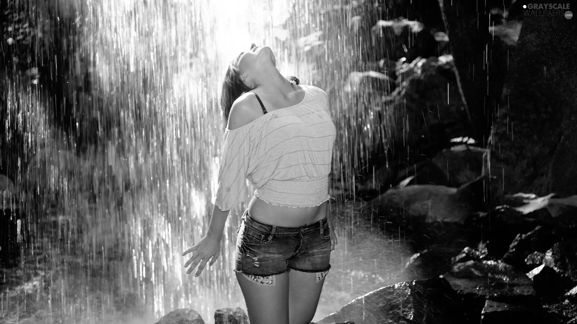 reflection, light, waterfall, rocks, girl