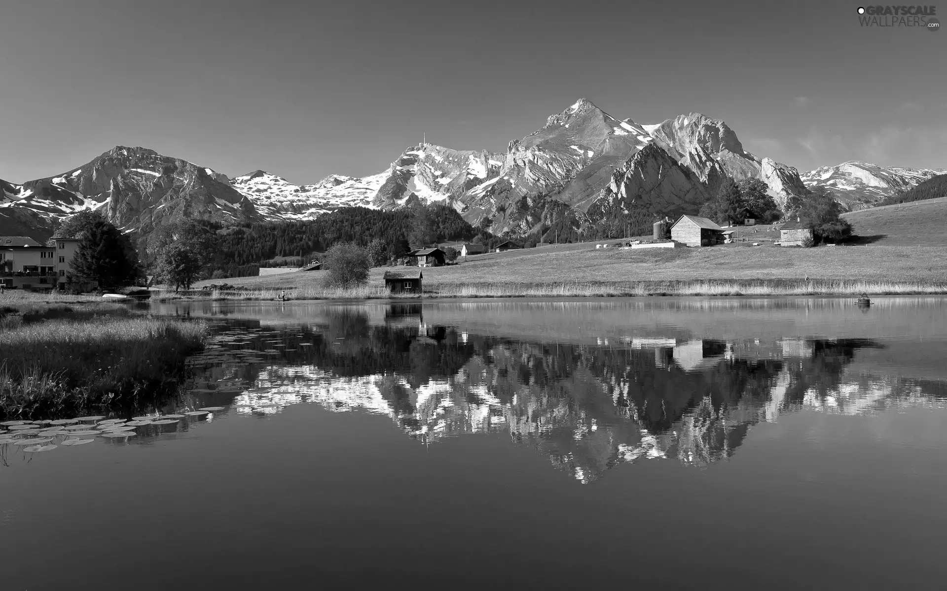 Mountains, Houses, reflection, lake