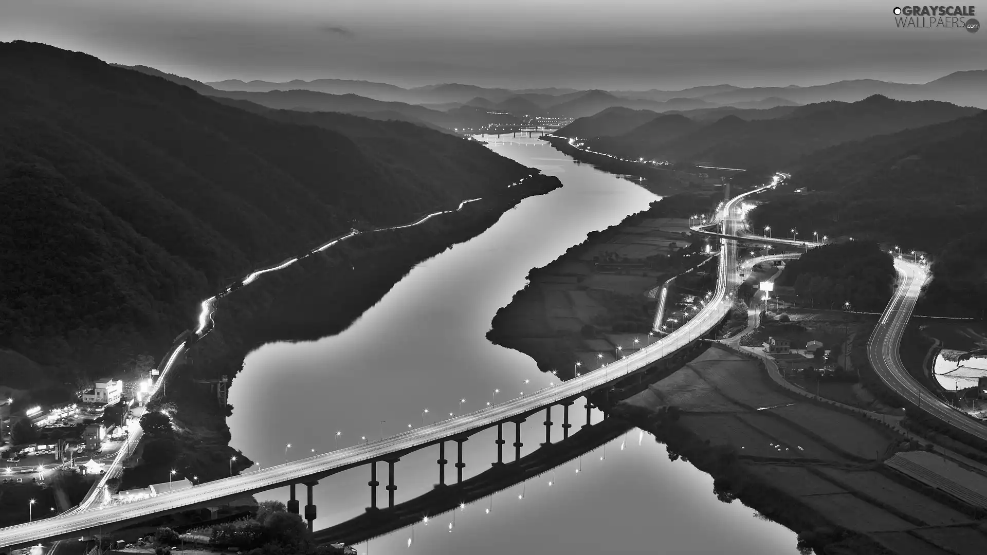 roads, Night, bridge, Mountains, River