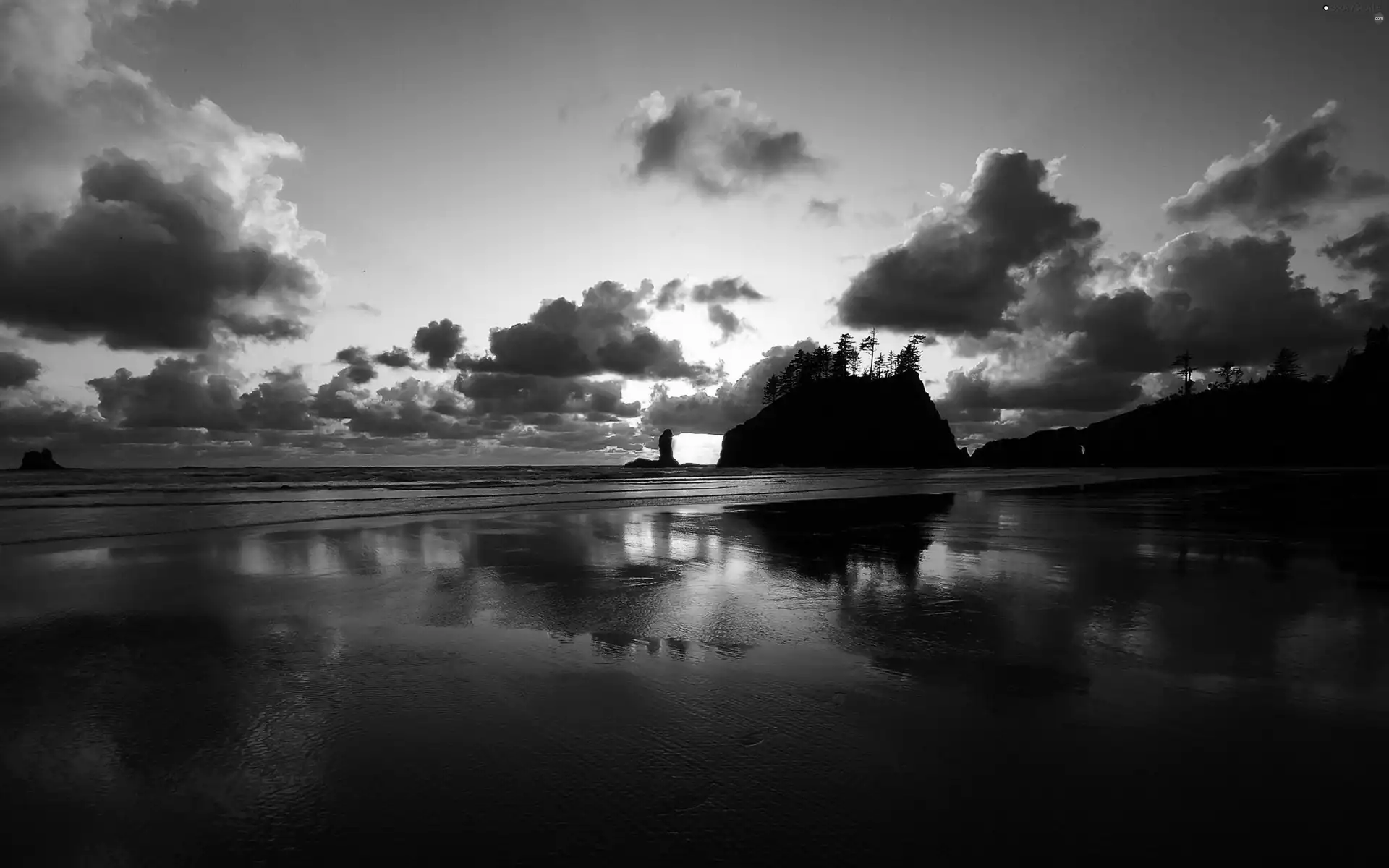 clouds, Beaches, rocks, sea