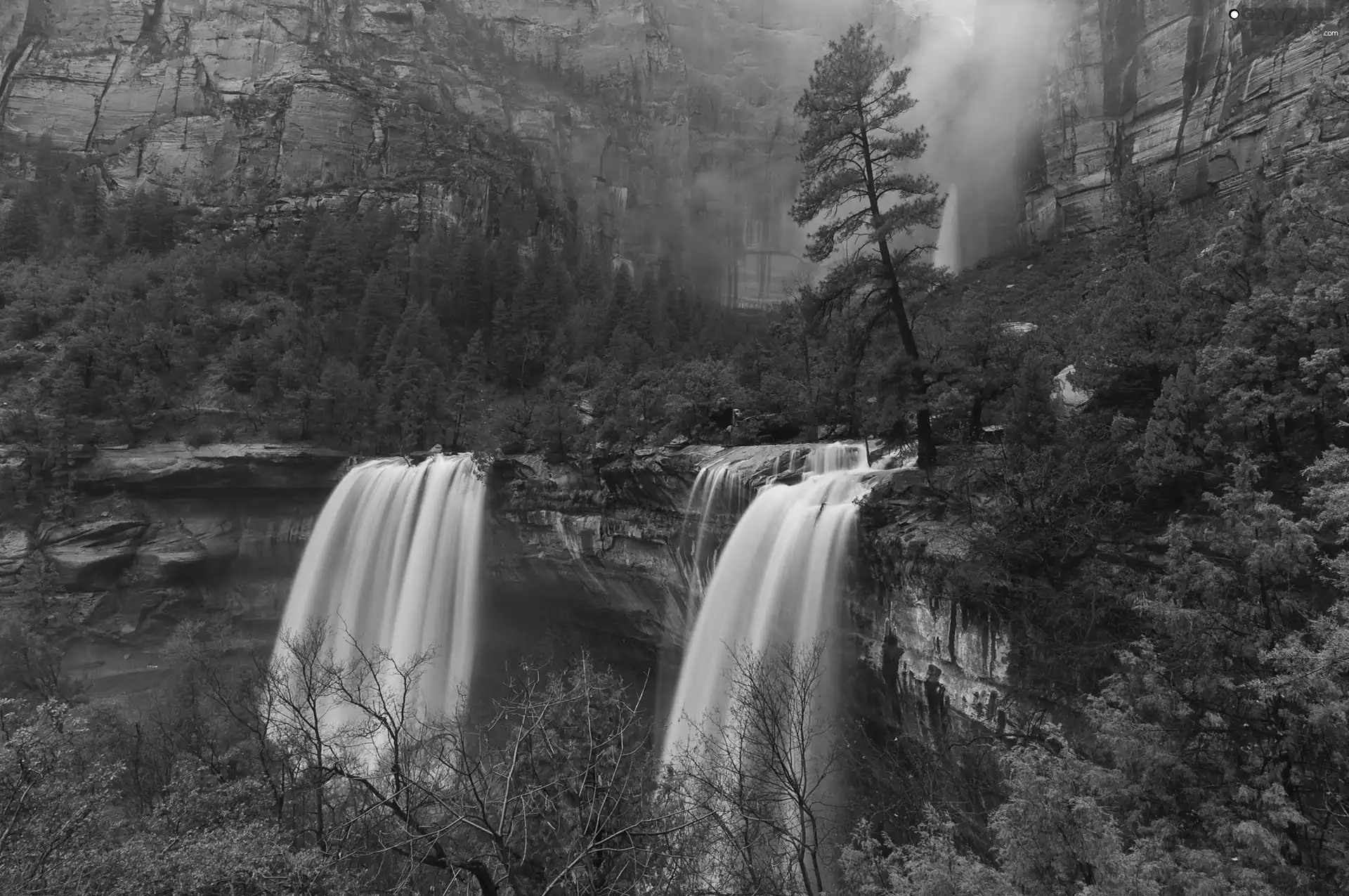 waterfall, viewes, rocks, trees