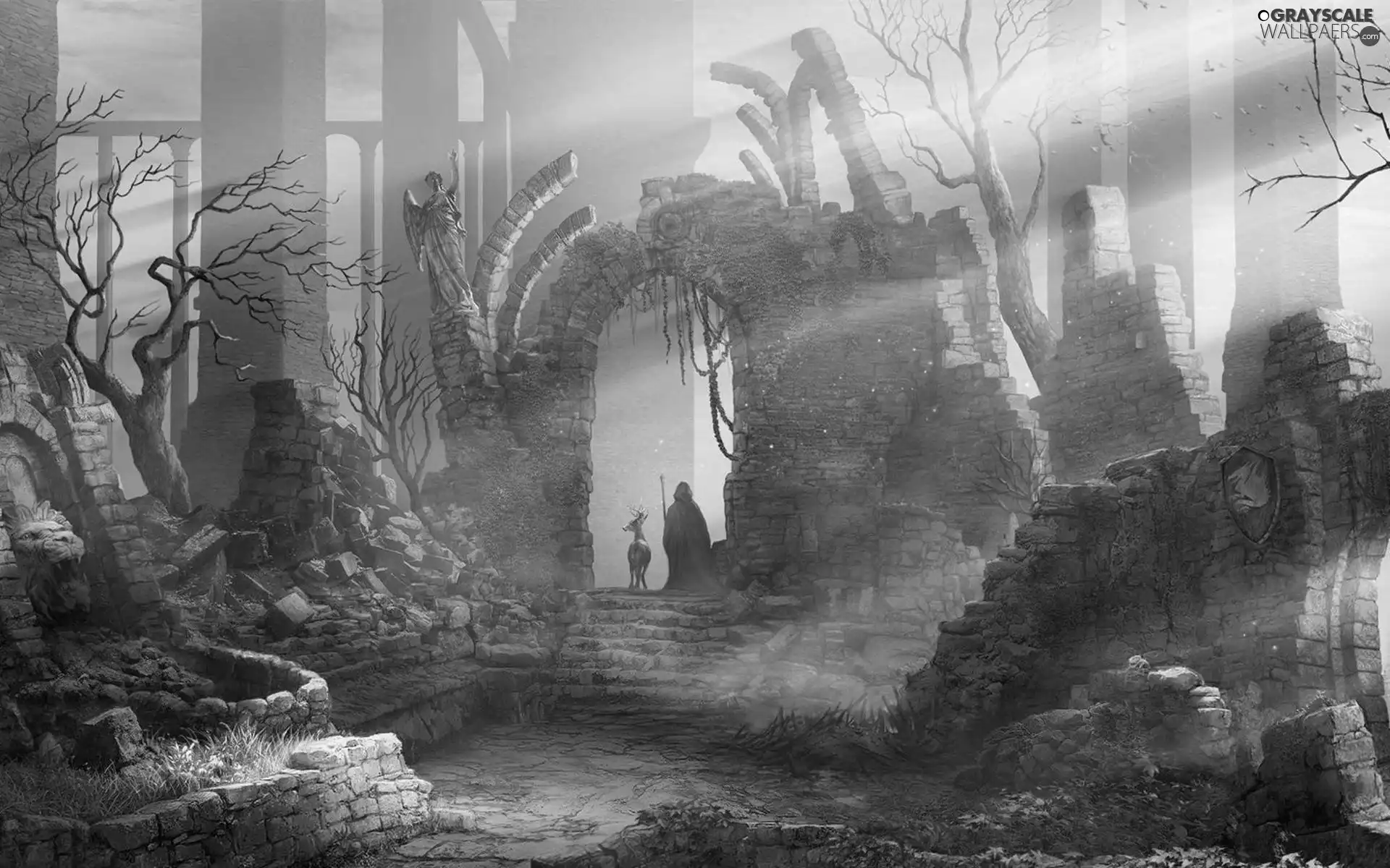 ruins, character, trees, viewes, fantasy