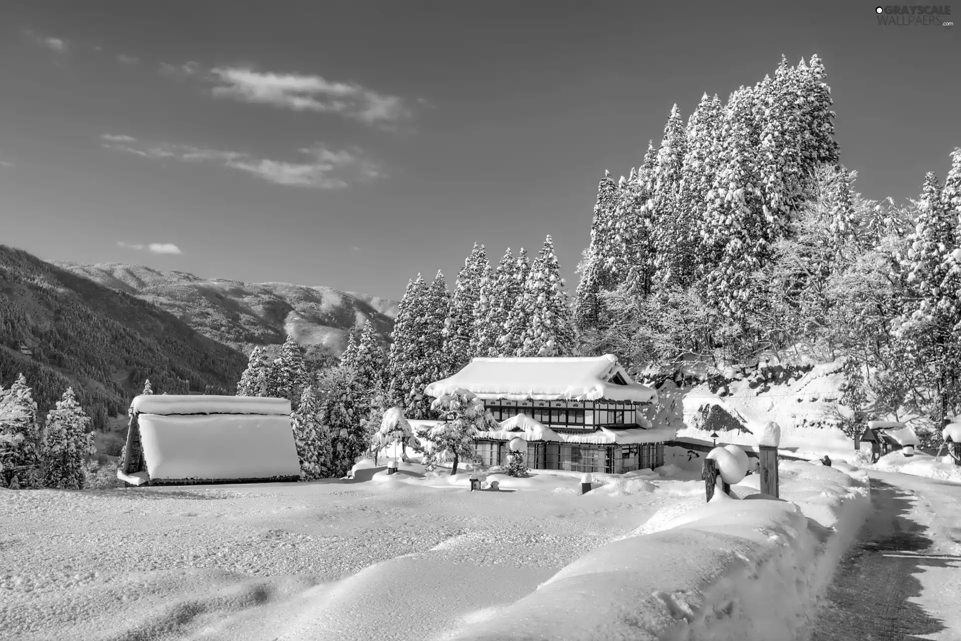 Snowy, Houses, winter, Way, Mountains