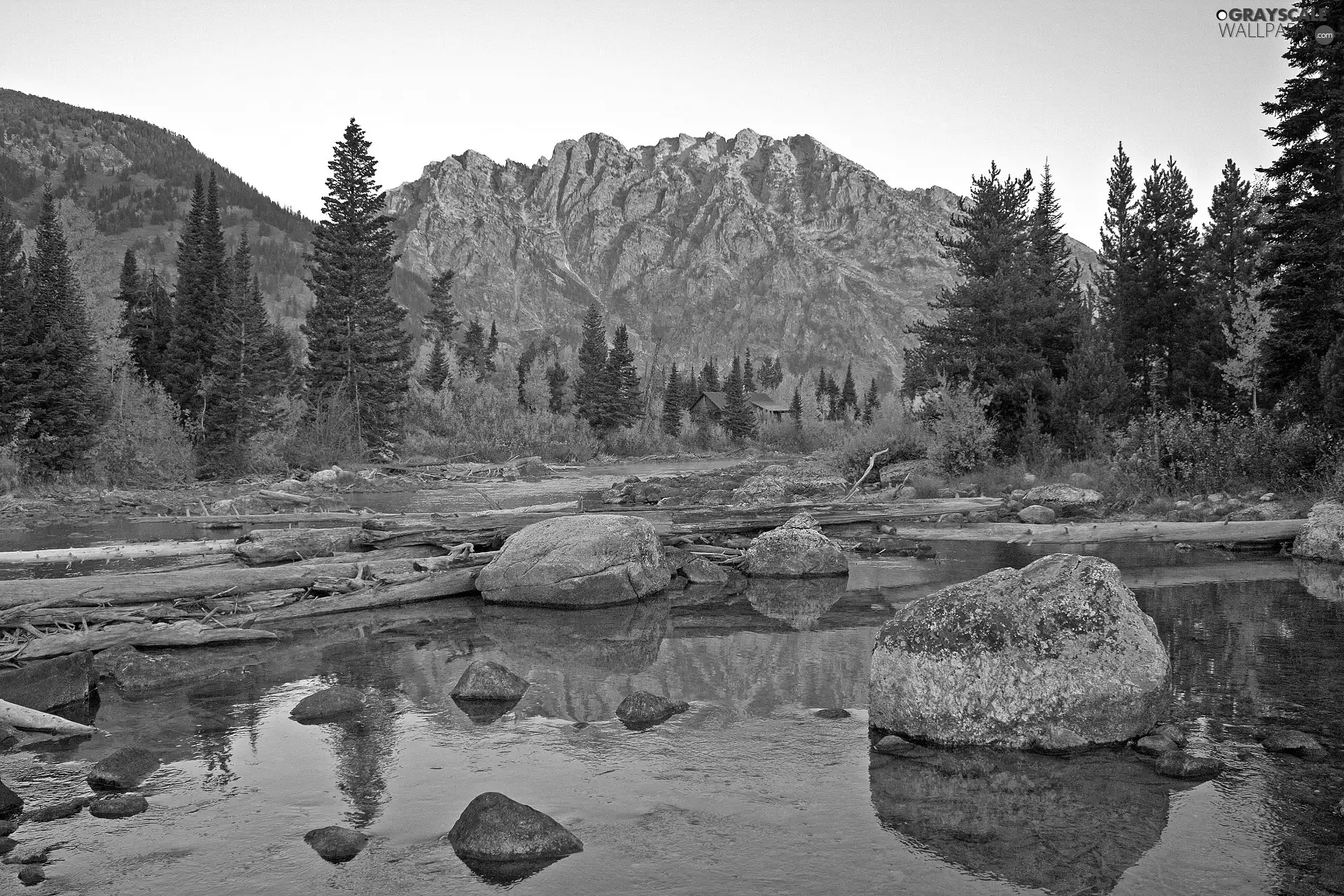 Mountains, Stones, Spruces, River