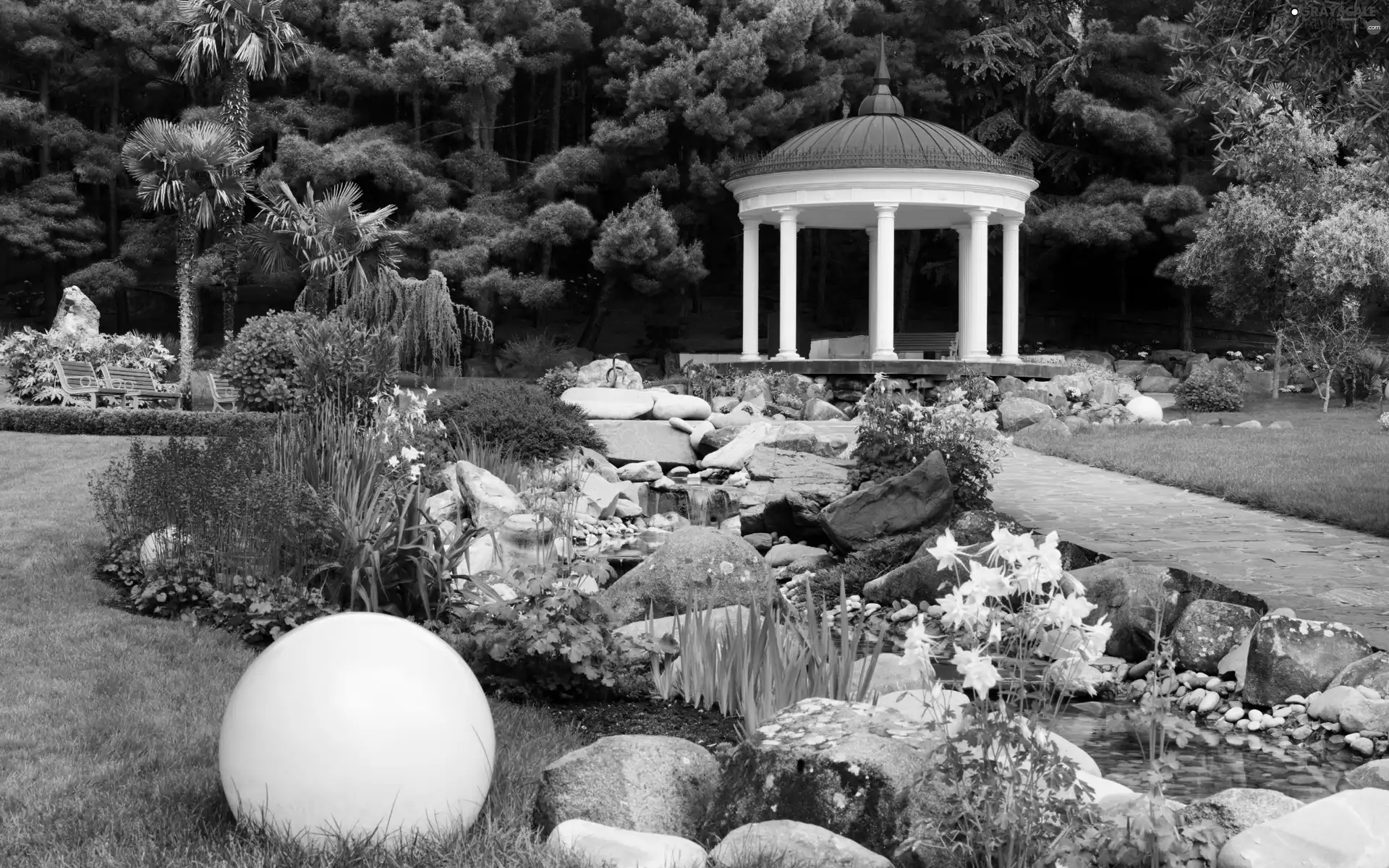 Stones, Flower-beds, stream, Flowers, Park